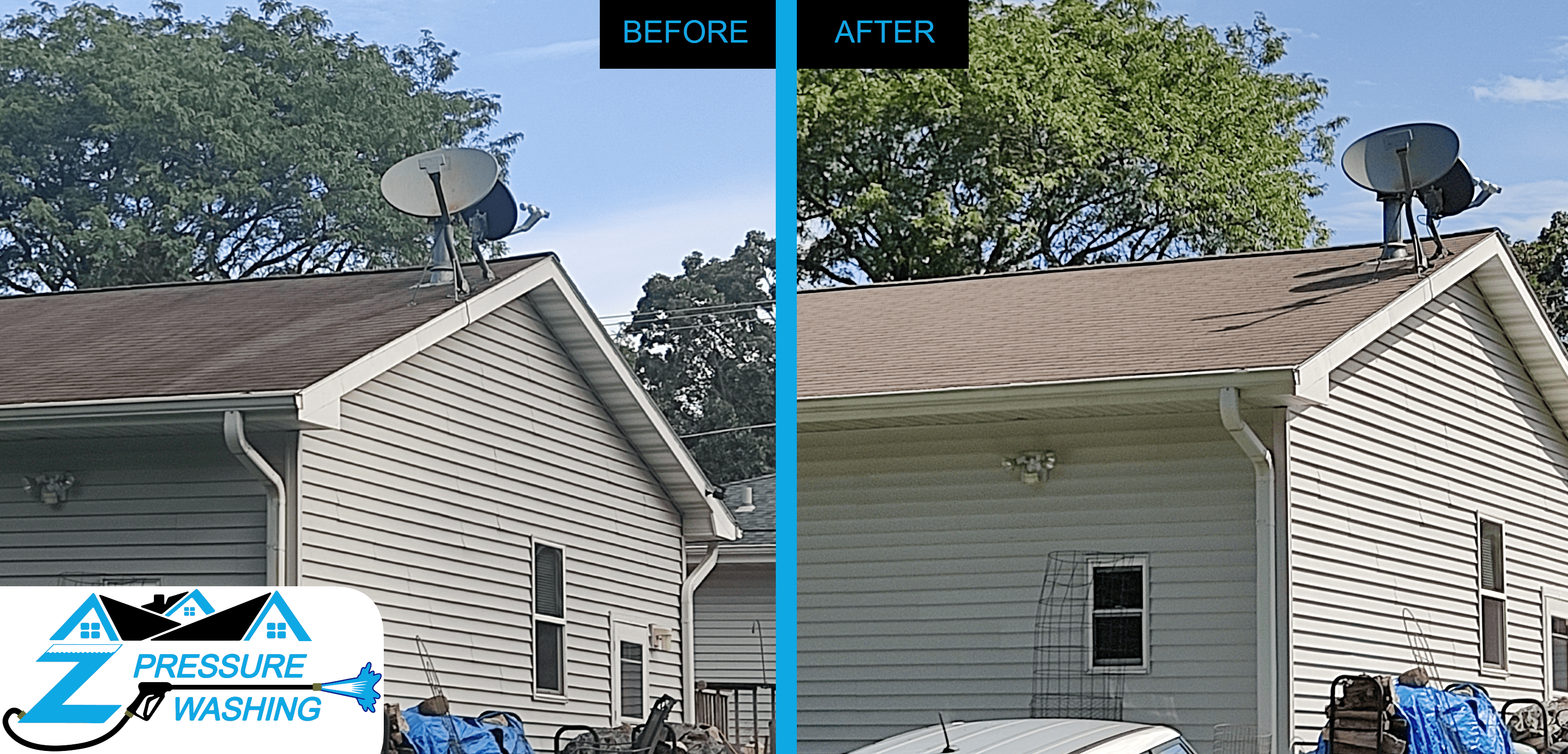 Before and after picture showing the results of a soft wash roof treatment.