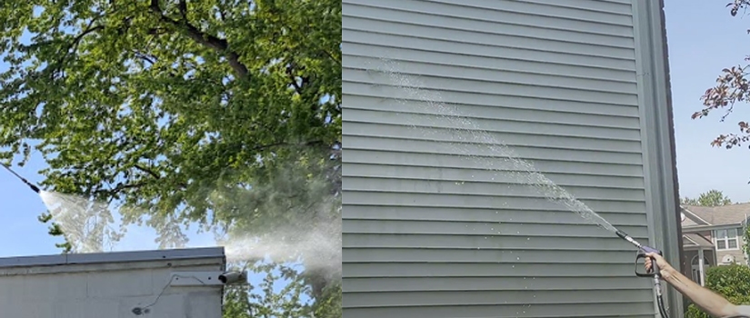 Pressure washing versus soft washing. Showing the difference in water streams.