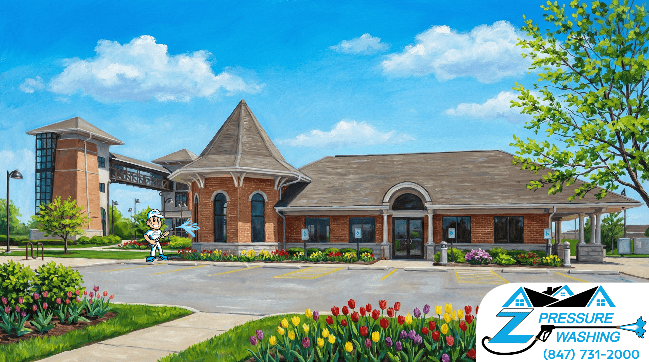 Z Pressure Washing avatar soft washing the Amtrak Station, Sturtevant, WI. Spring flowers and trees. Sunny day.