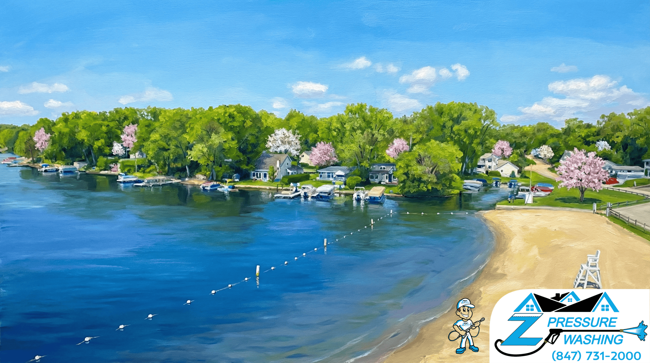 Z Pressure Washing avatar posing on Beach at Bohners Lake, WI. Spring flowers and trees. Sunny day.