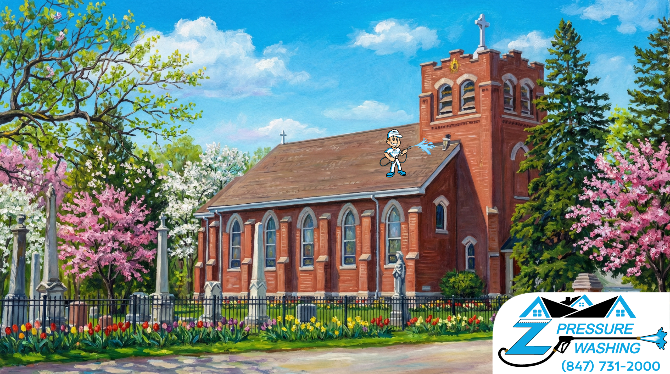 Z Pressure Washing avatar roof washing a church in Beaumont Neighborhood, Dover, WI. Spring flowers and trees. Sunny day.