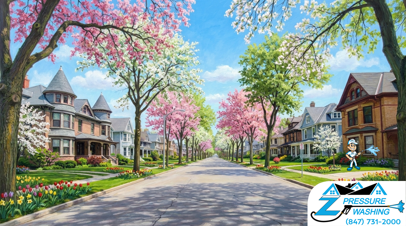 Z Pressure Washing avatar house washing brick home in the Beautiful Homes of North Bay, WI. Spring flowers and trees.