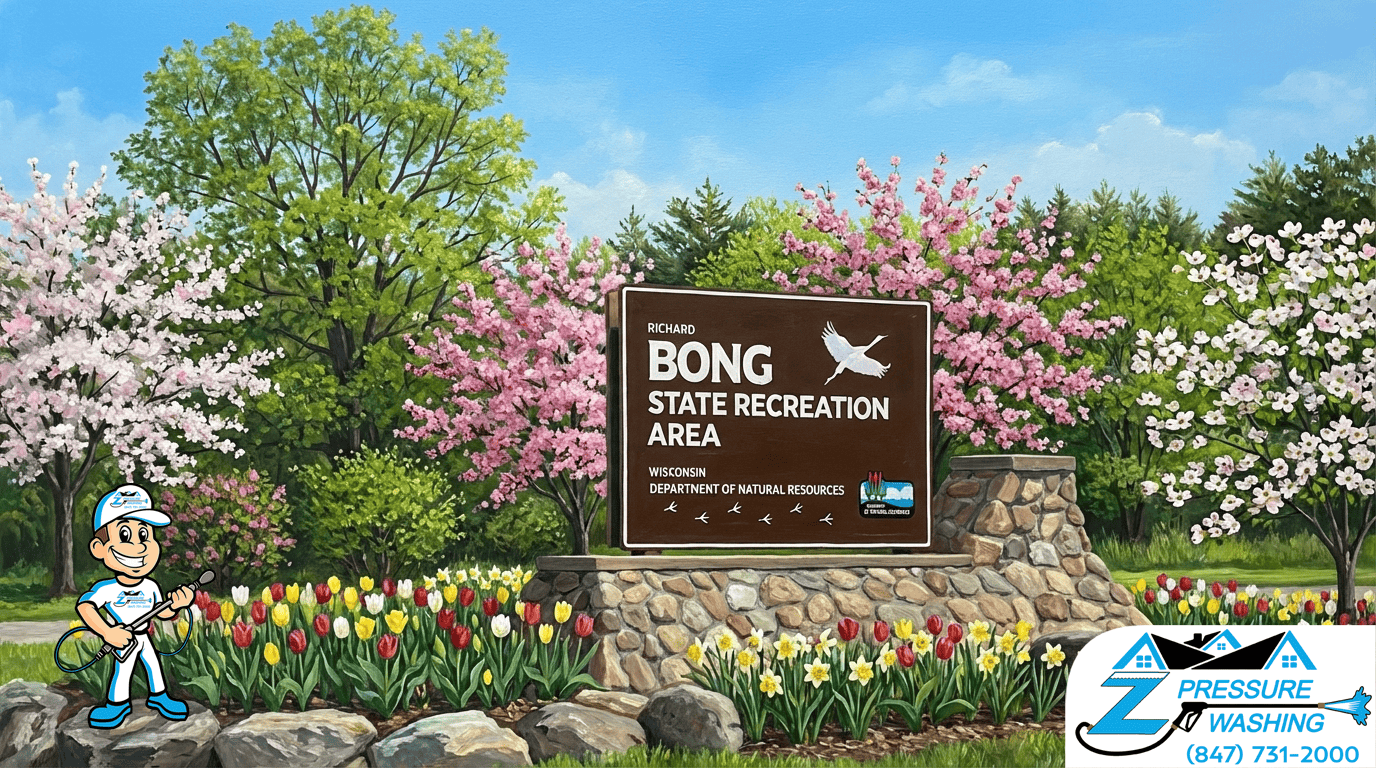 Z Pressure Washing avatar posing before washing at Bong State Recreation Area, Brighton, WI. Spring flowers and trees.