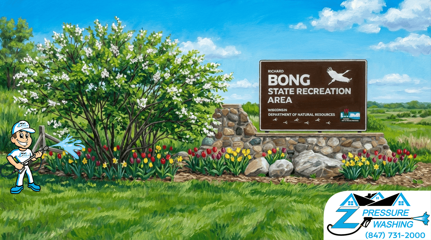 Z Pressure Washing avatar watering by the Bong State Recreation Area, Kansasville, WI. Spring flowers and trees. Sunny day.