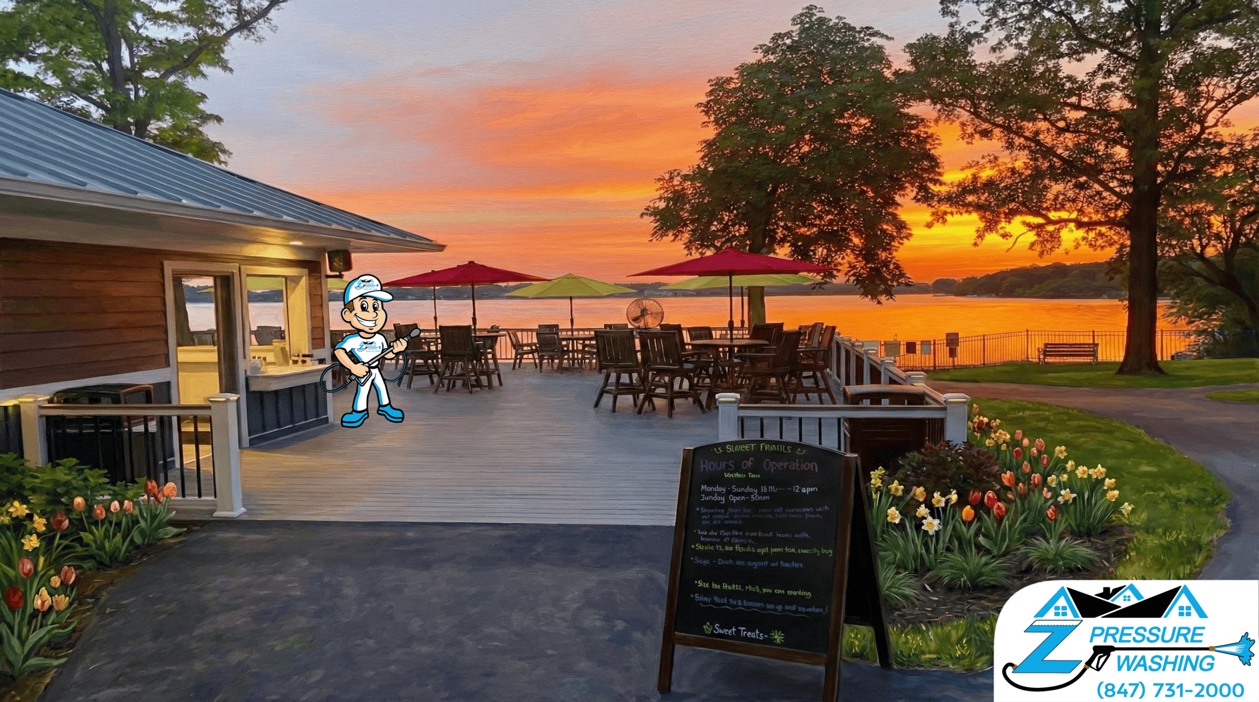 Z Pressure Washing avatar posing before deck washing at Breezewald Park, Lake Zurich, IL. Spring flowers at sunset.