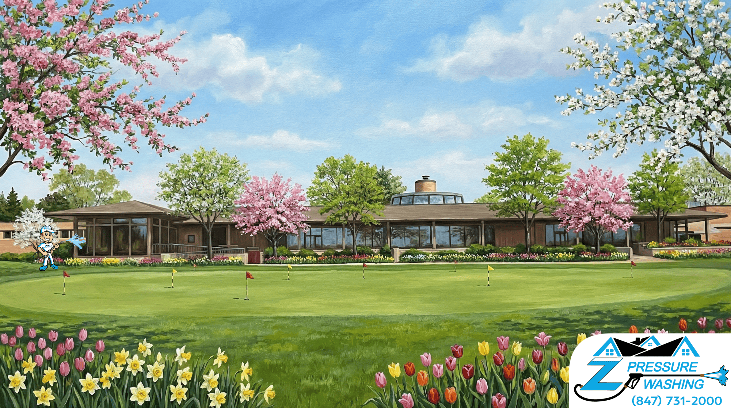 Z Pressure Washing avatar soft washing club house on Briarwood Country Club, West Deerfield Township, IL. Spring flowers.