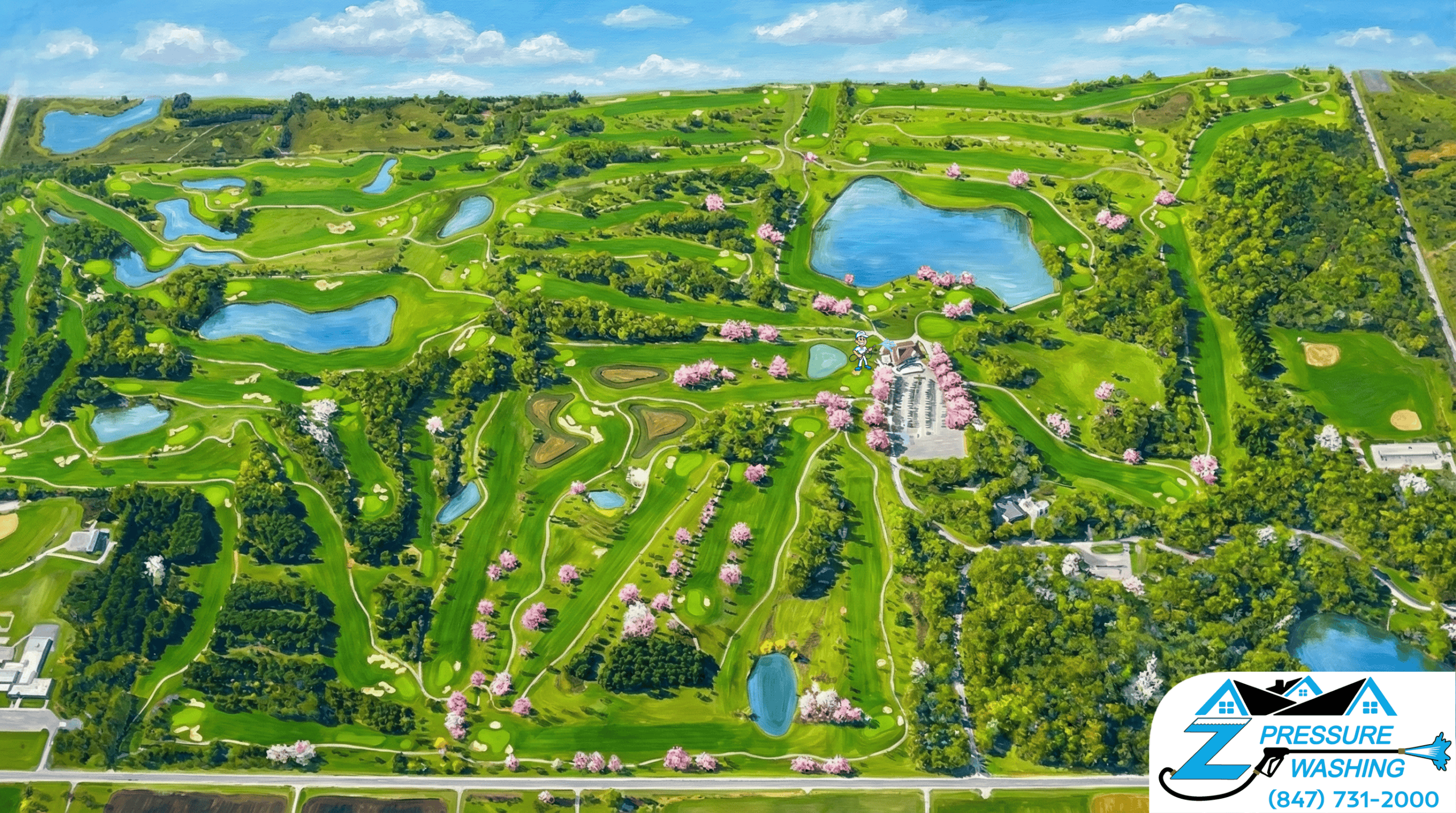 Z Pressure Washing avatar roof washing club house at Brighton Dale Links, Dover, WI. Spring flowers and trees. Sunny day.