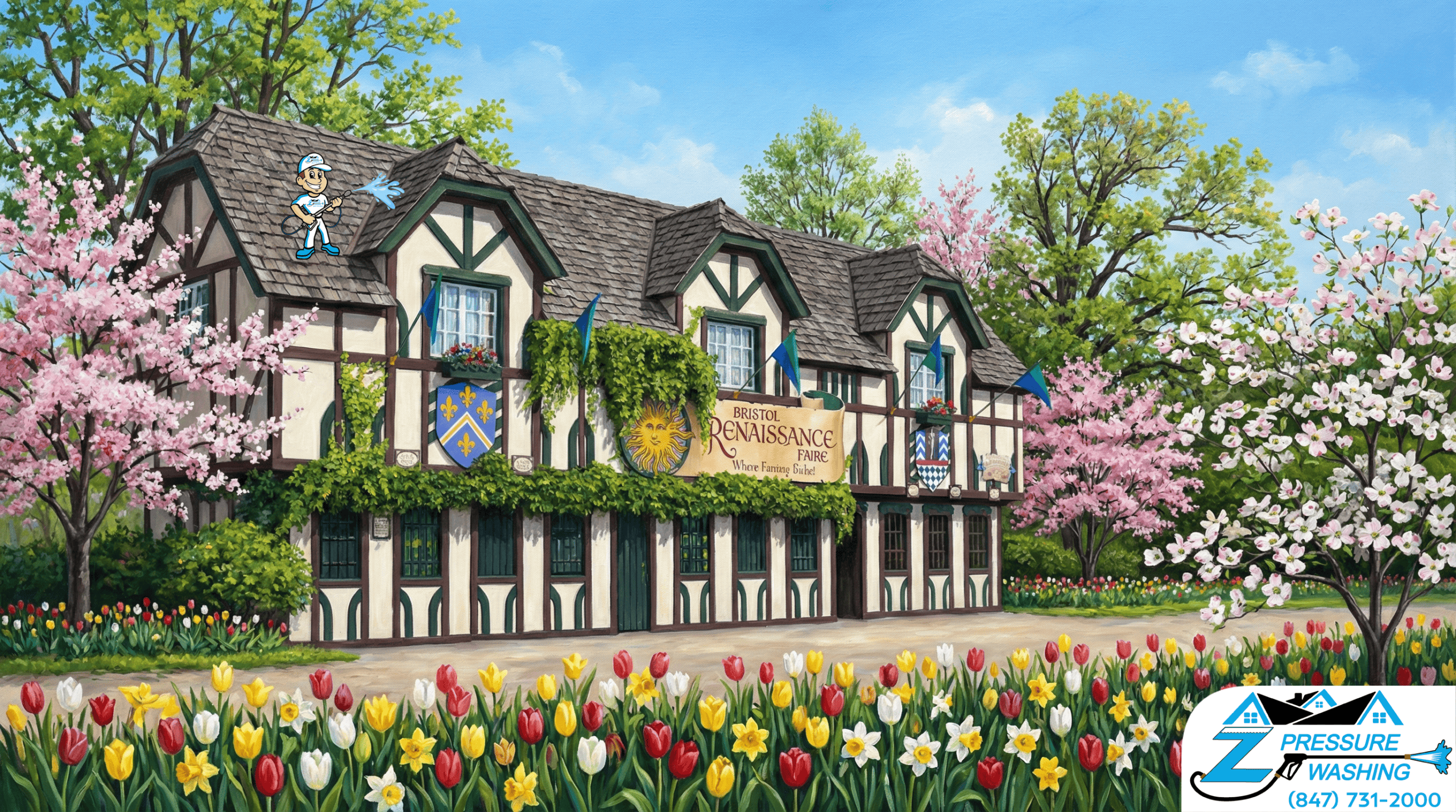 Z Pressure Washing avatar roof washing building at Bristol Renaissance Faire, Bristol, WI. Spring flowers and trees.