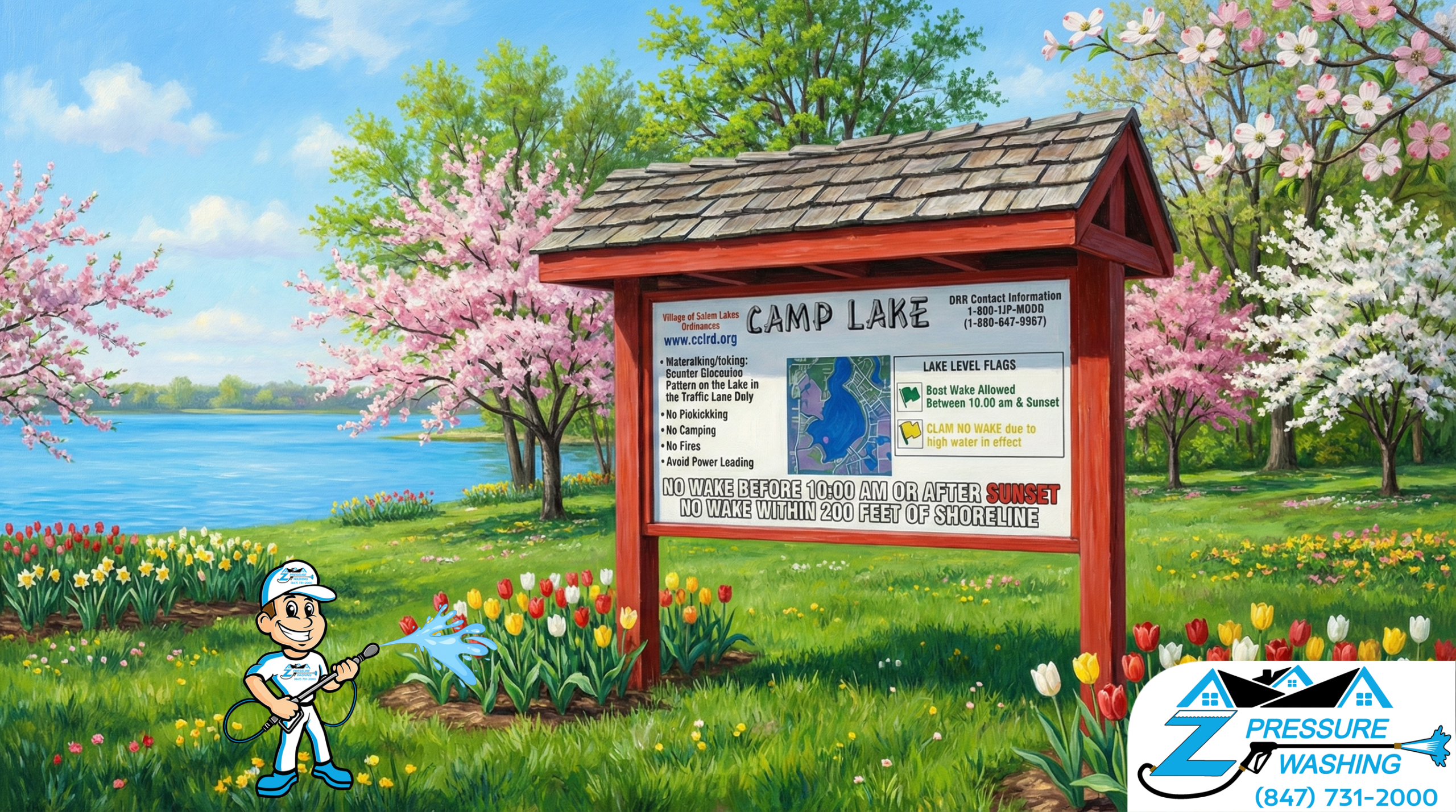 Z Pressure Washing avatar soft washing sign at Camp Lake Shoreline, Camp Lake, WI. Spring flowers and trees. Sunshine.