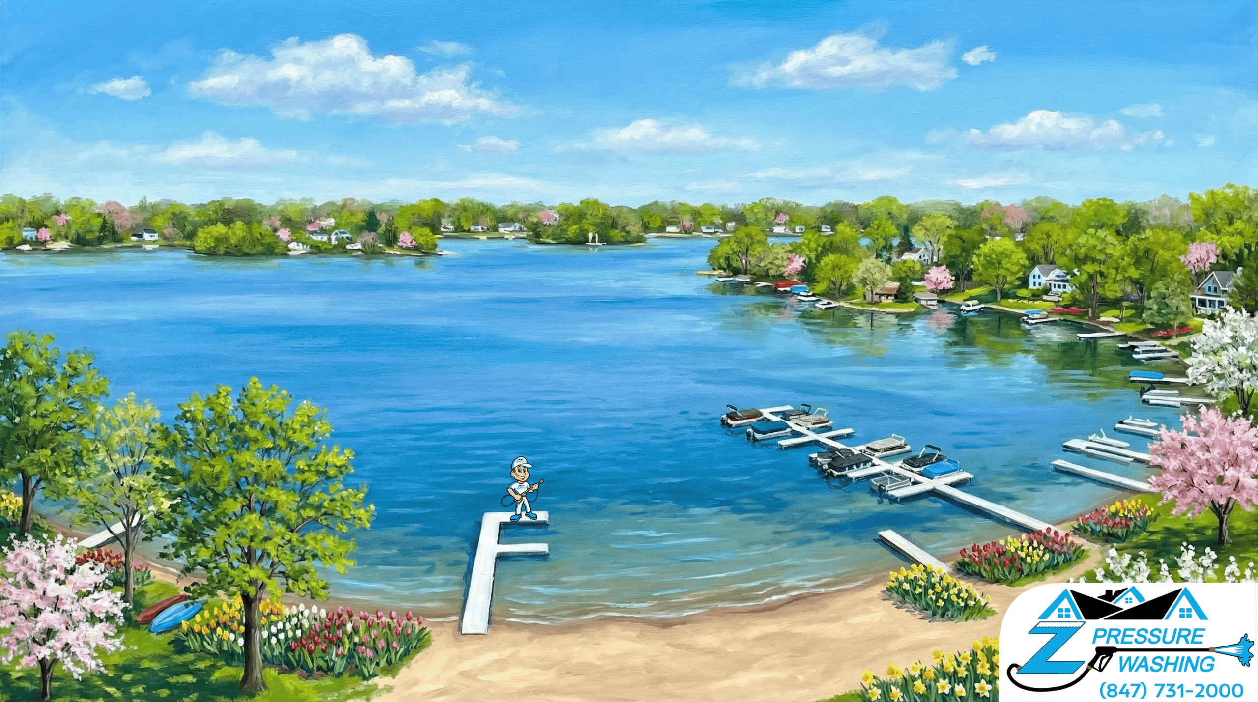 Z Pressure Washing avatar posing on dock in Cedar Park Subdivision, Burlington, WI. Spring flowers and trees. Sunny day.