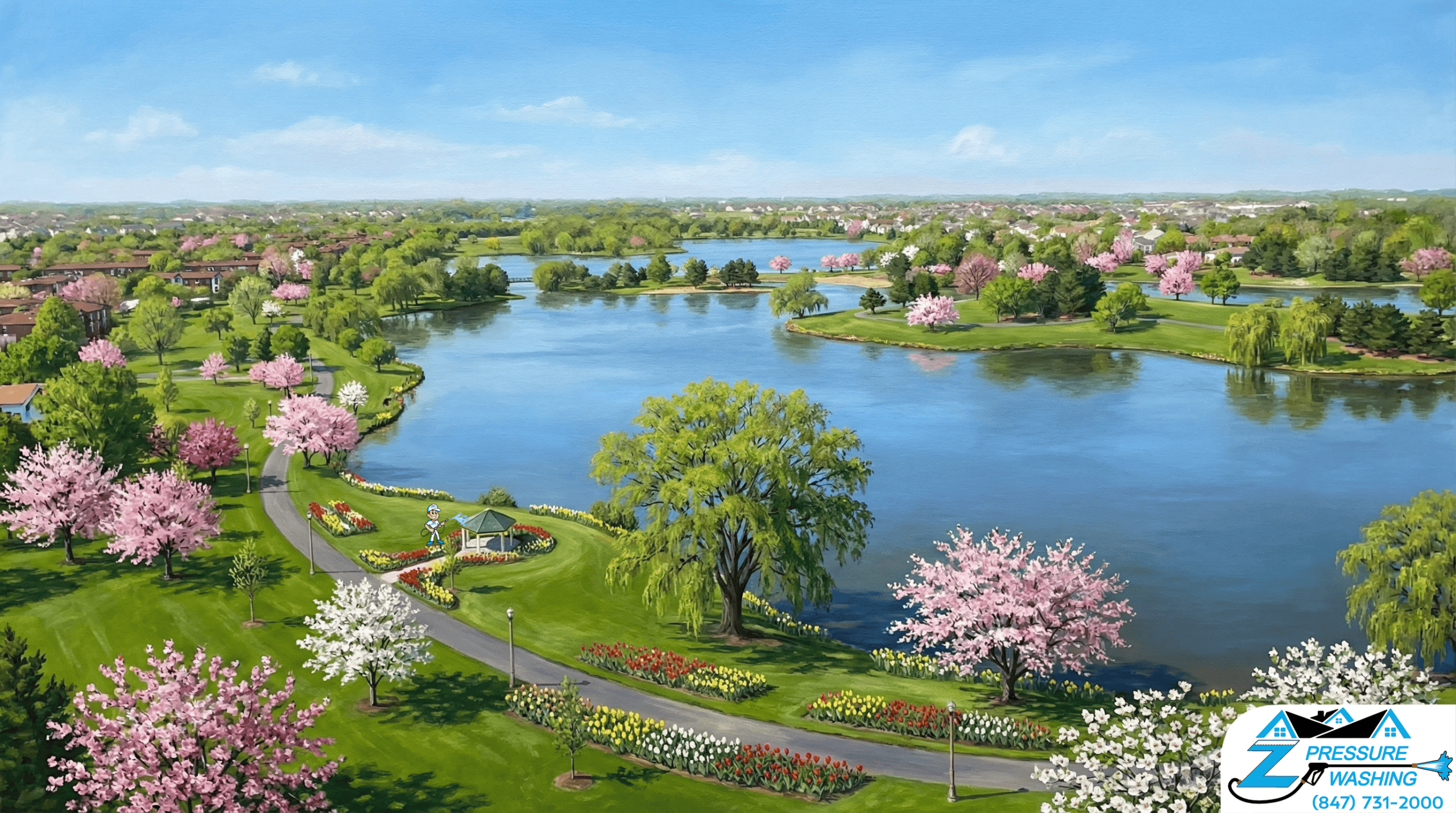 Z Pressure Washing avatar roof washing a gazebo by lake at Century Park, Vernon Hills, IL. Spring flowers and trees.