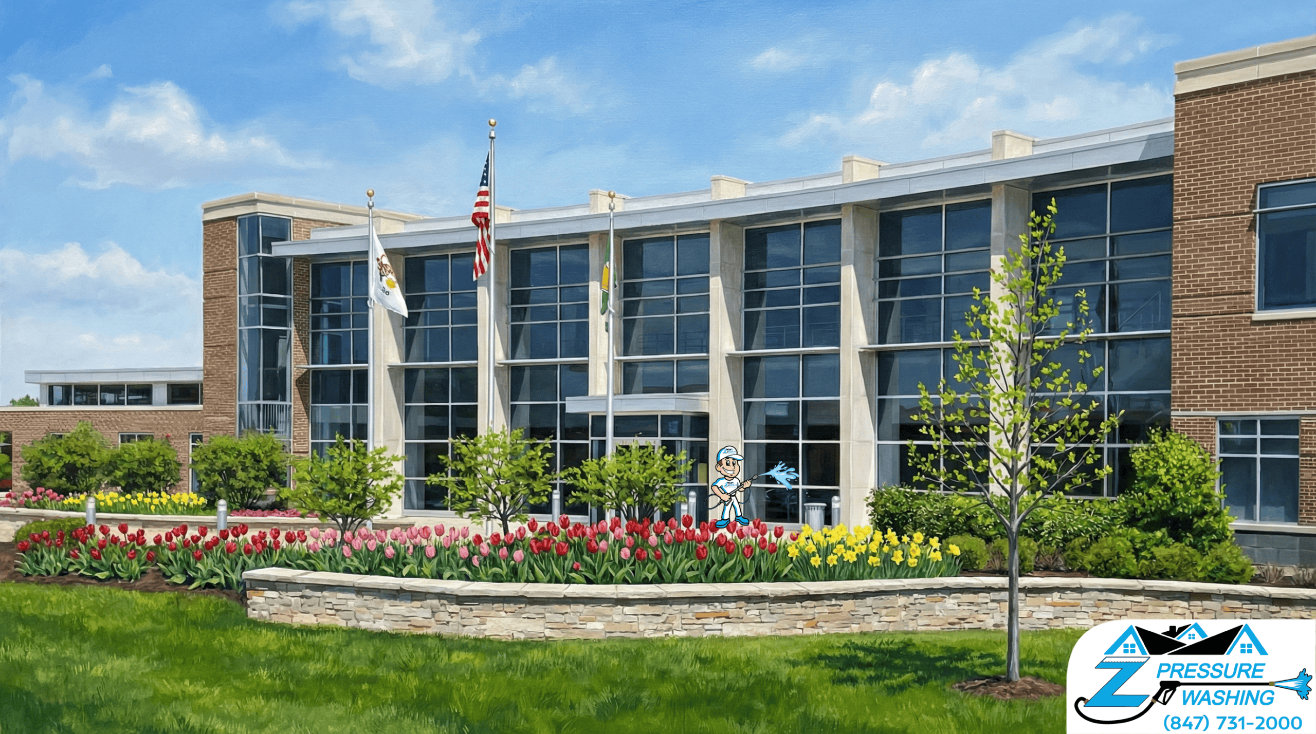 Z Pressure Washing avatar commercial soft washing the Chicago Executive Airport, Wheeling, IL. Spring flowers. Sunny.