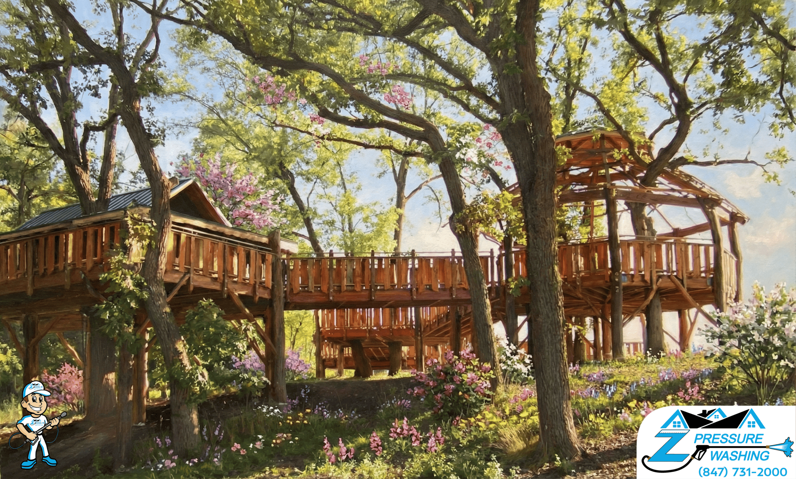 Z Pressure Washing avatar is ready for soft washing near Citizens Park Cuba Township, IL. Spring flowers and trees.