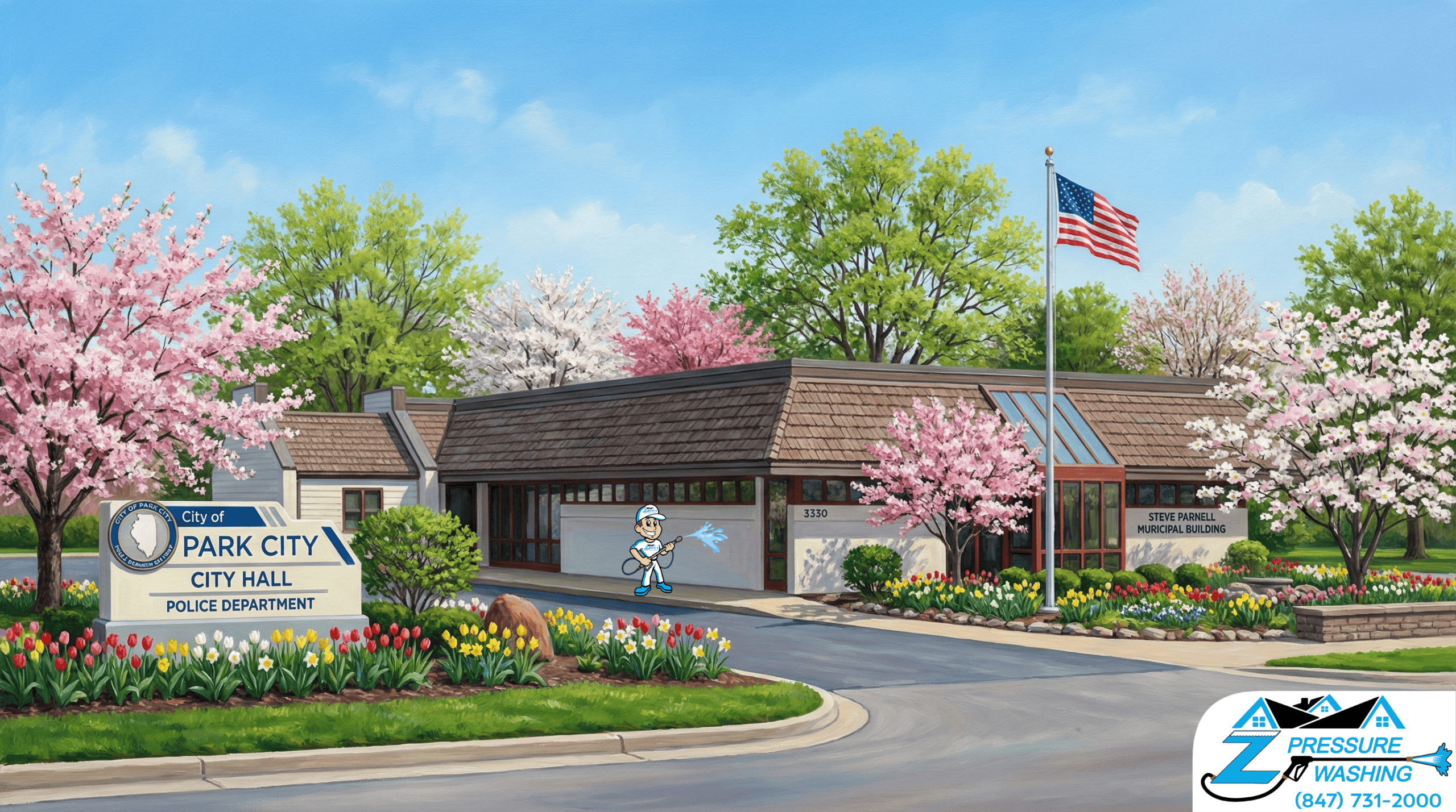 Z Pressure Washing avatar soft washing building at City Hall, Park City, IL. Spring flowers and trees. Sunshine day.