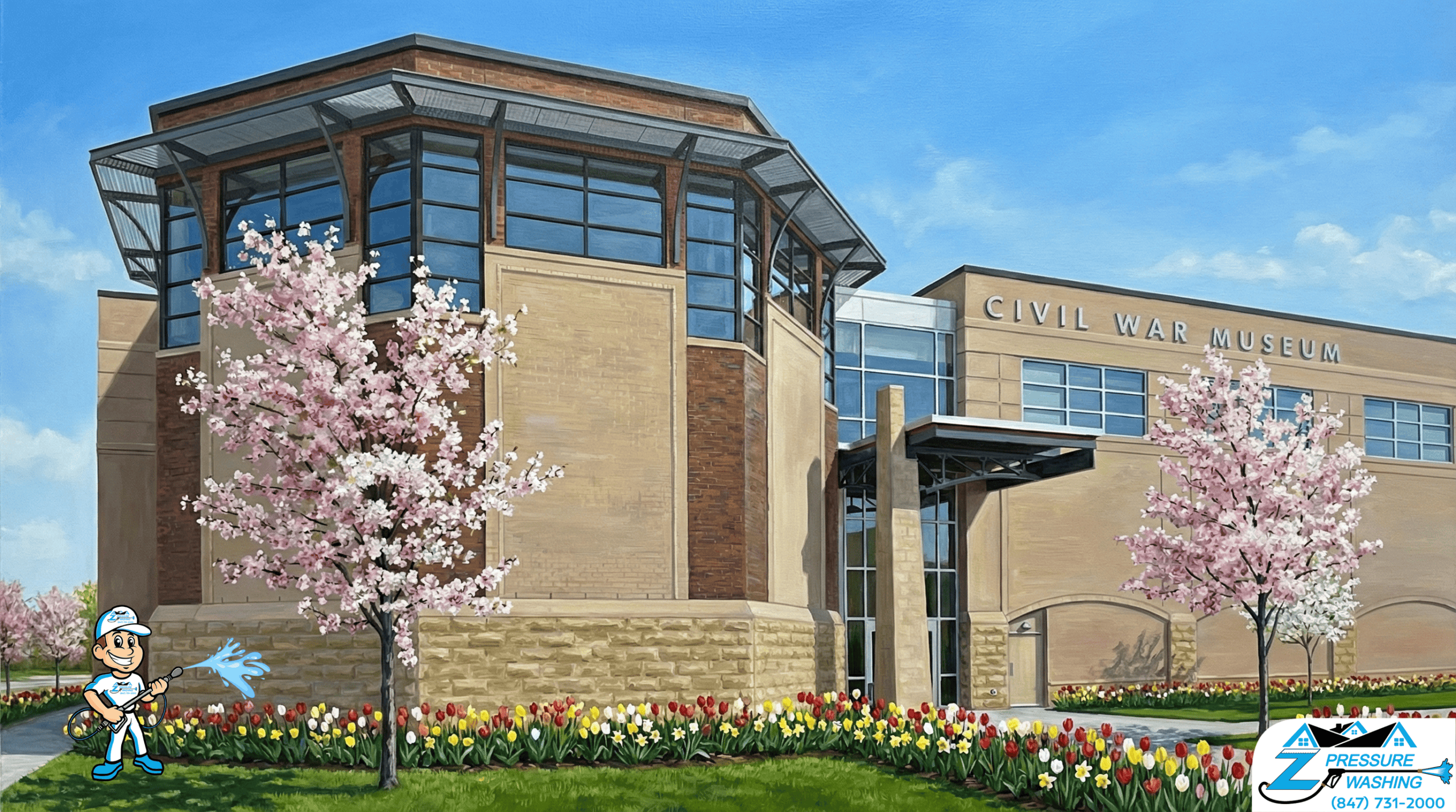 Z Pressure Washing avatar soft washing building at Civil War Museum, Kenosha, WI. Spring flowers and trees. Sunshine day.