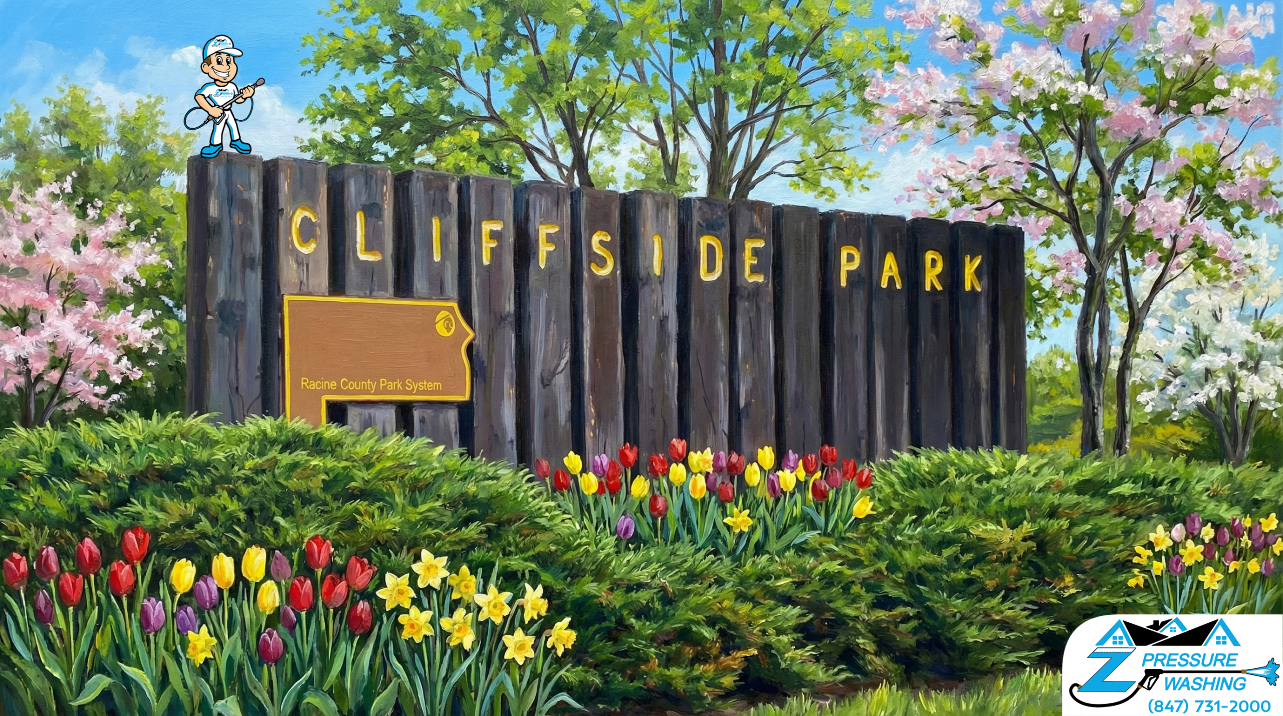 Z Pressure Washing avatar posing on sign at Cliffside Park, Caledonia, WI. Spring flowers and trees. Sunny day.