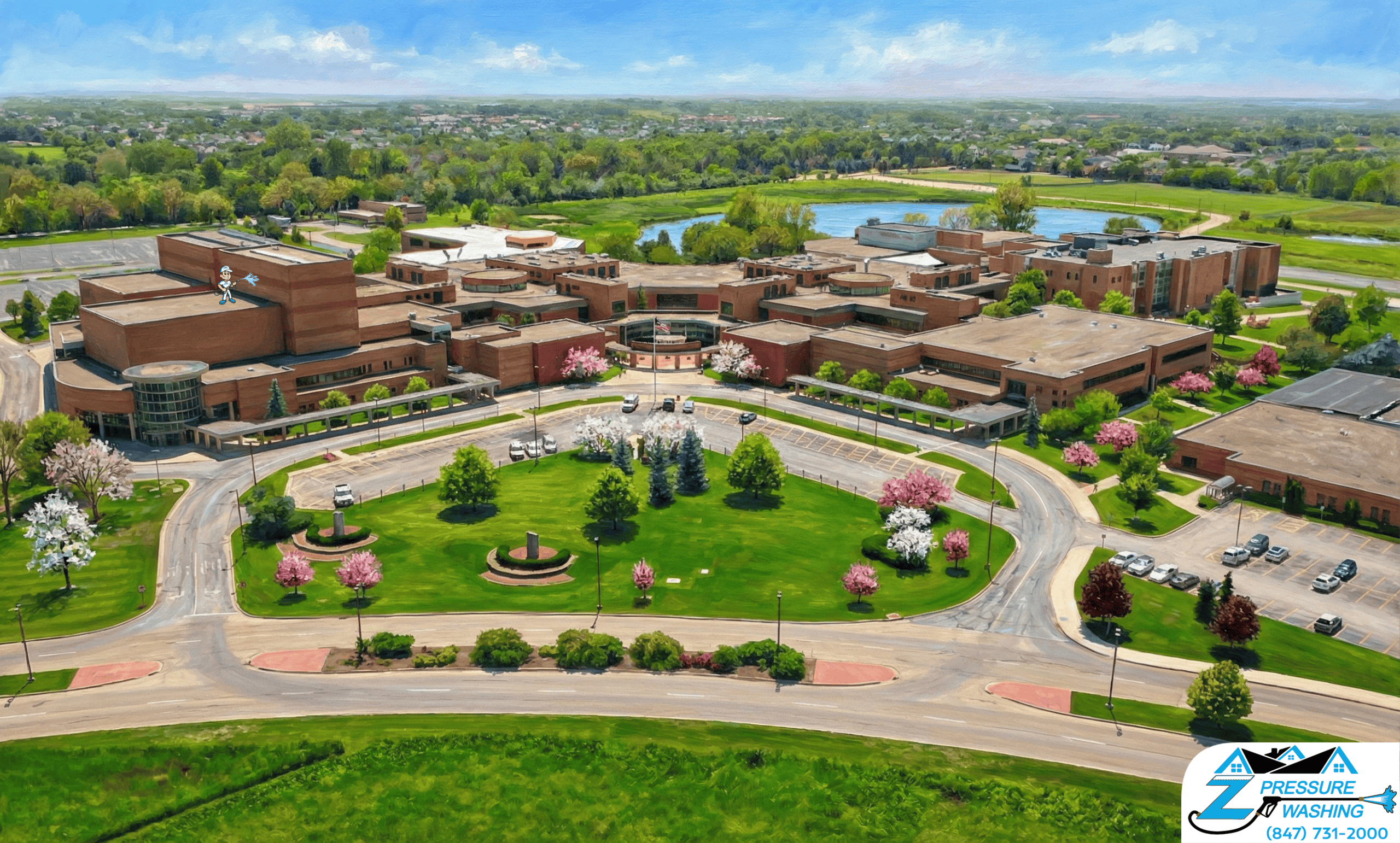 Z Pressure Washing avatar soft washing brick building at College of Lake County Grayslake, IL. Spring flowers and trees.