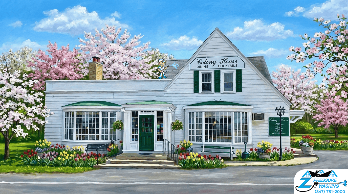 Z Pressure Washing avatar roof washing at the Colony House, Trevor, WI. Spring flowers and trees. Sunny day.