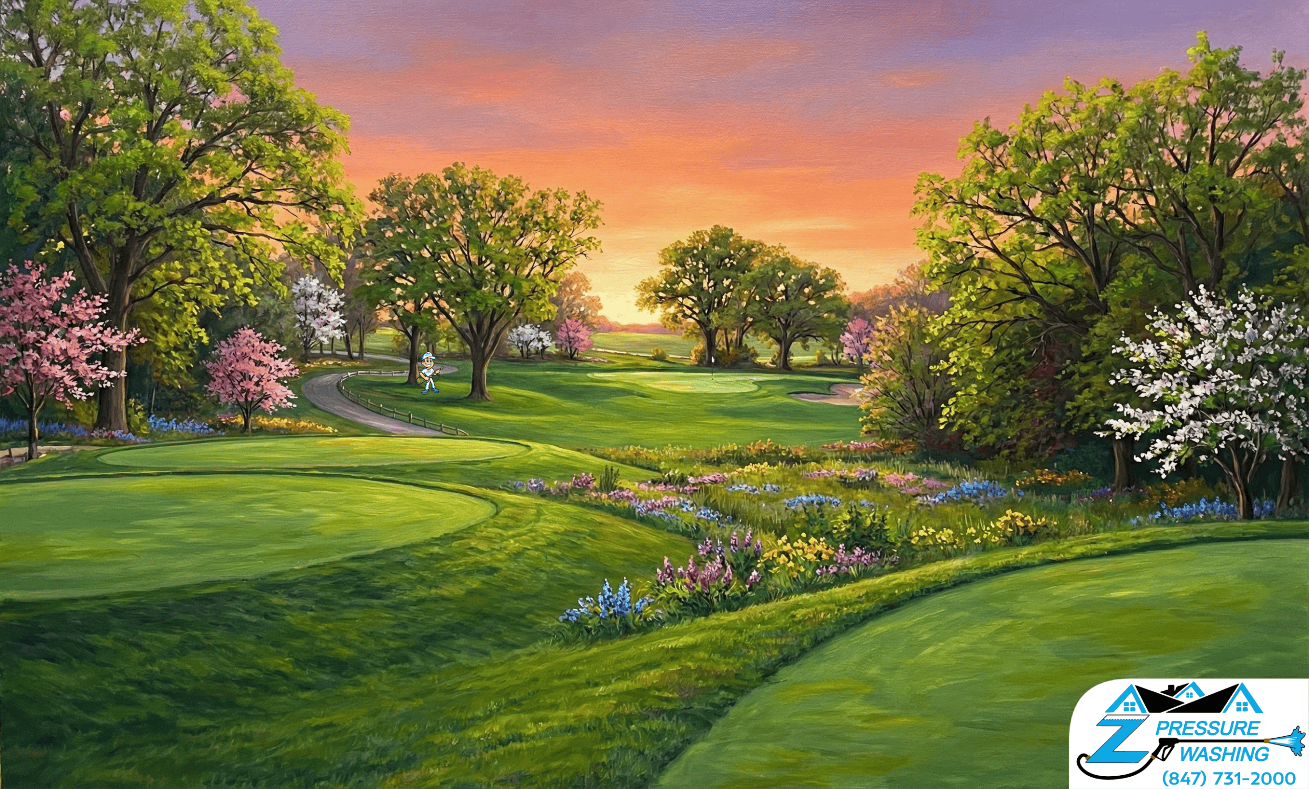 Z Pressure Washing avatar posing at Countryside Golf Club Fremont Township, IL. Spring flowers and trees.