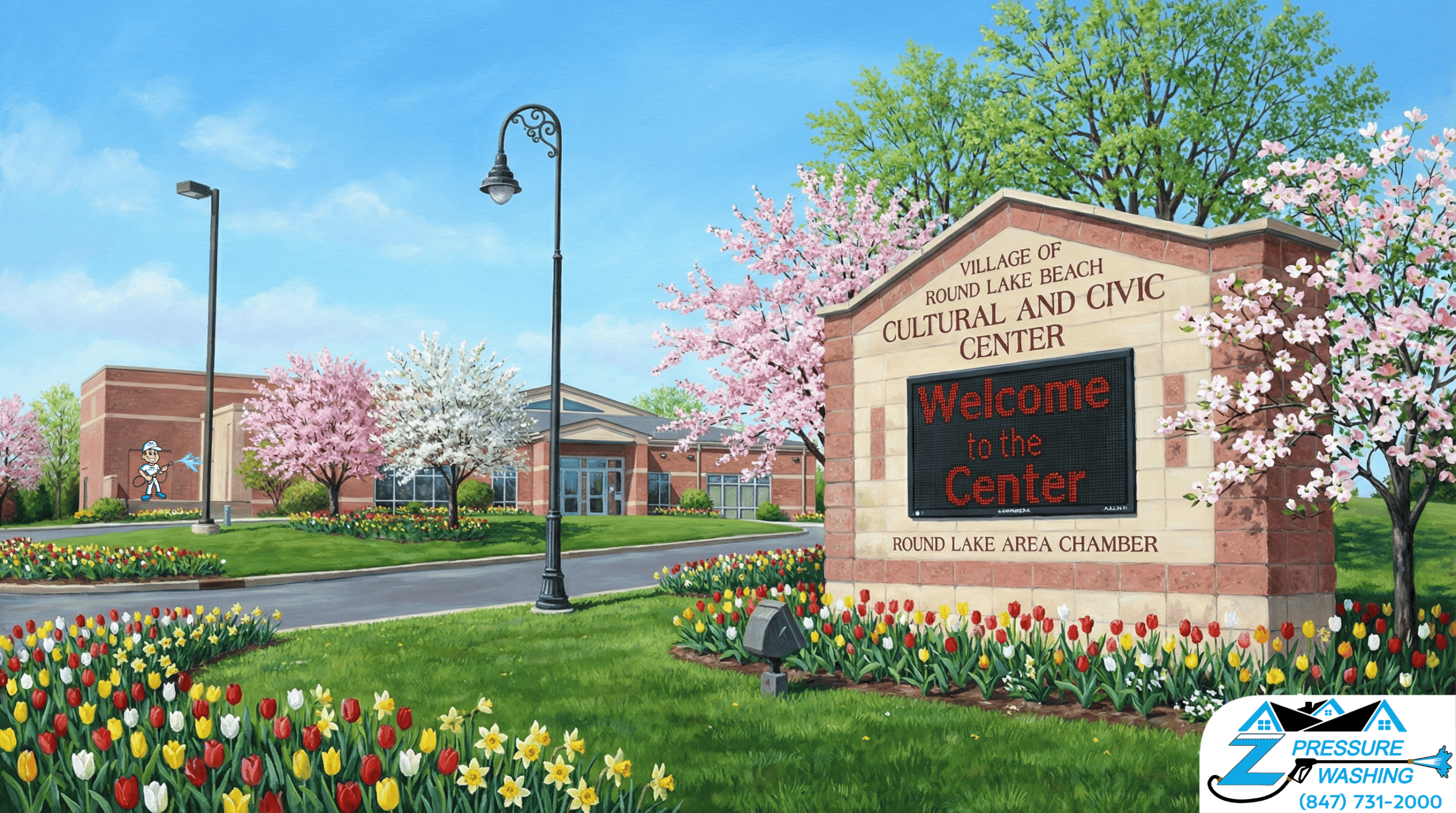 Z Pressure Washing avatar soft washing building at Cultural Civic Center Round Lake Beach, IL. Spring flowers and trees.