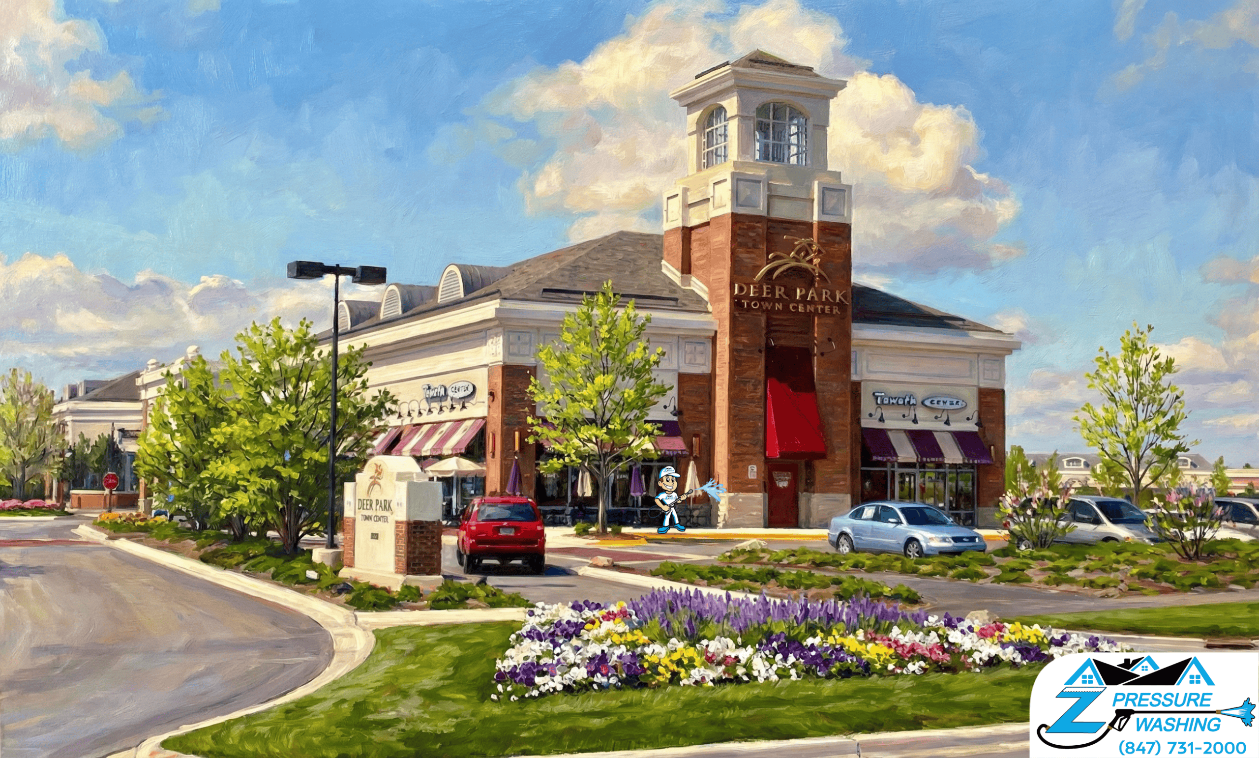 Z Pressure Washing avatar is soft washing the Deer Park Town Center Deer Park, IL. Spring flowers and trees.