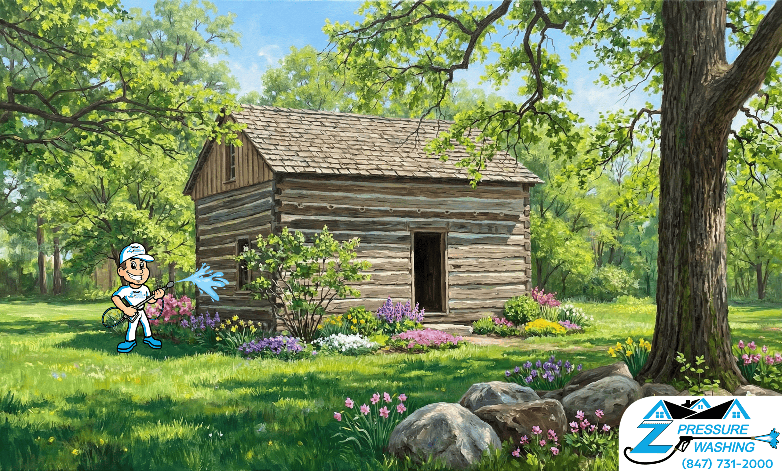 Z Pressure Washing avatar is soft washing the Deerfield Historic Village Deerfield, IL. Spring flowers and trees.