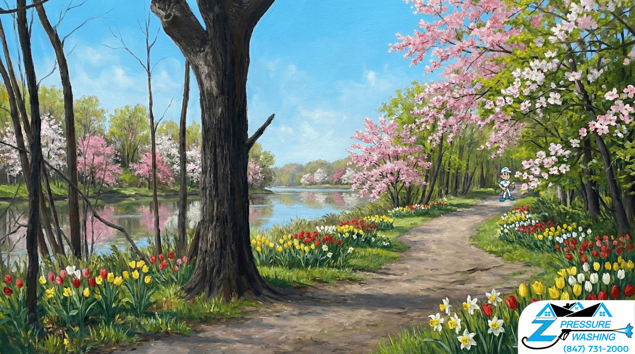 Z Pressure Washing avatar posing on the Des Plaines River Trail in Libertyville Township, IL. Spring flowers and trees.