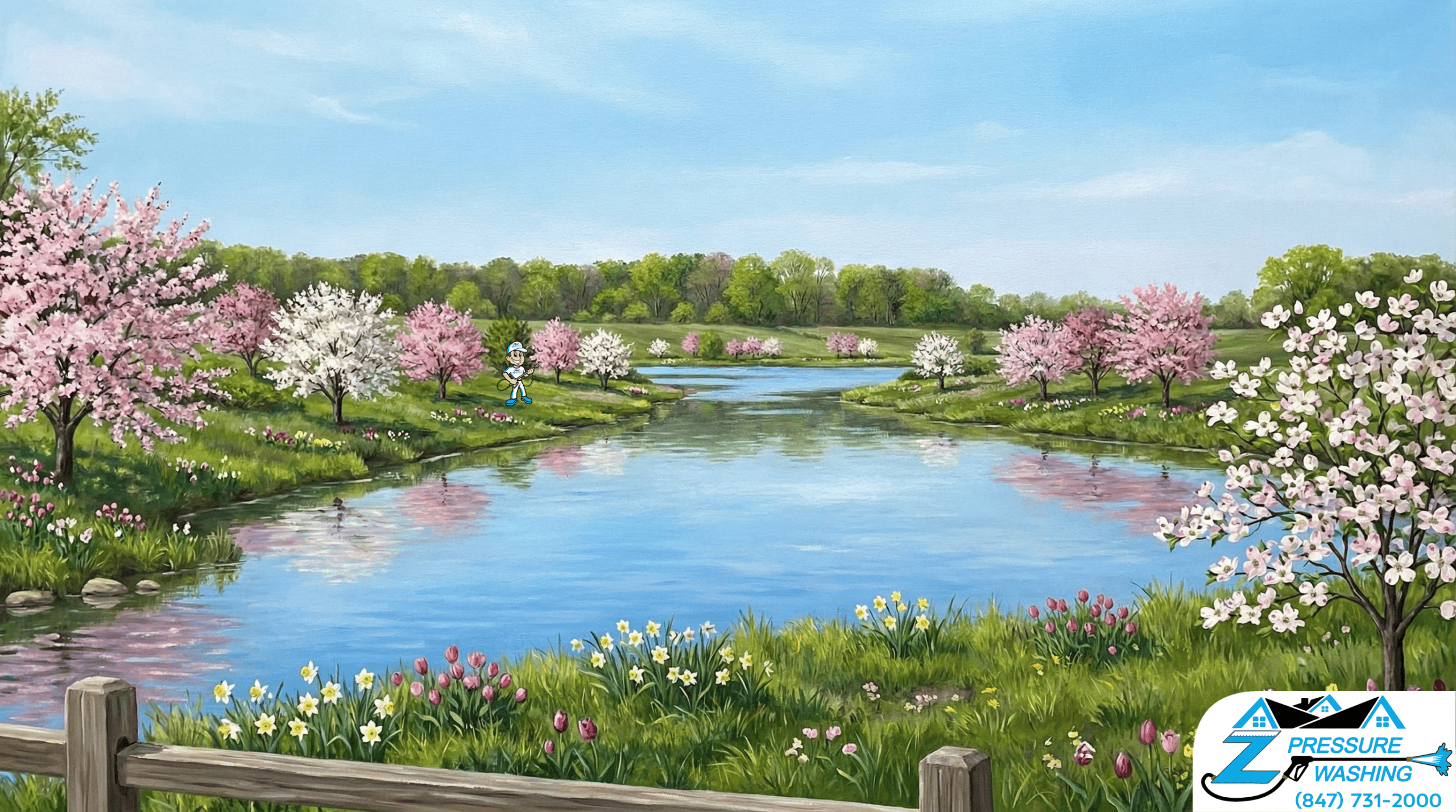 Z Pressure Washing avatar posing by river at Des Plaines River Wetlands, Newport Township, IL. Spring flowers and trees.