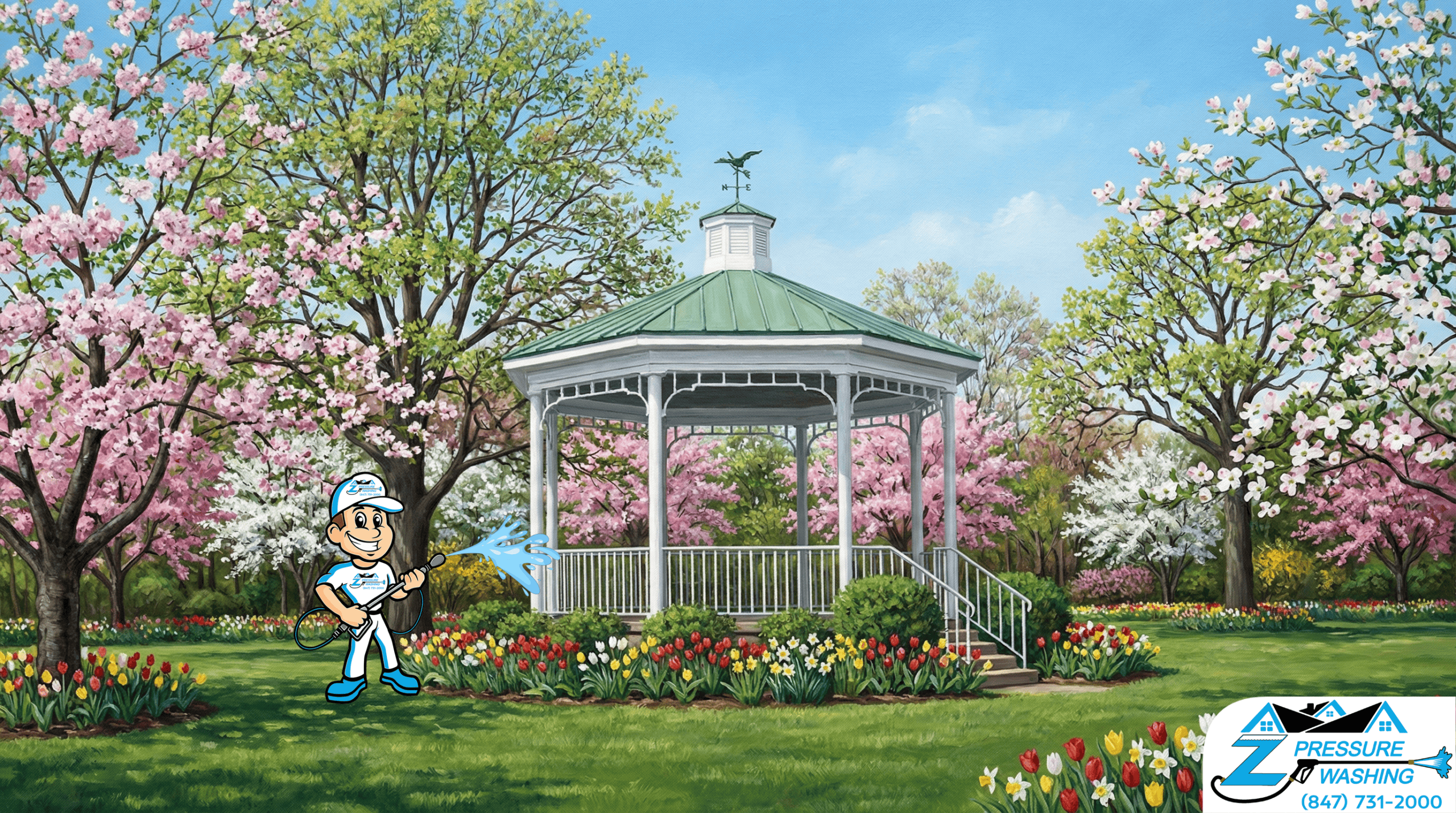 Z Pressure Washing avatar house washing the Downtown Gazebo Lake Bluff, IL. Spring flowers and trees with clear skies.
