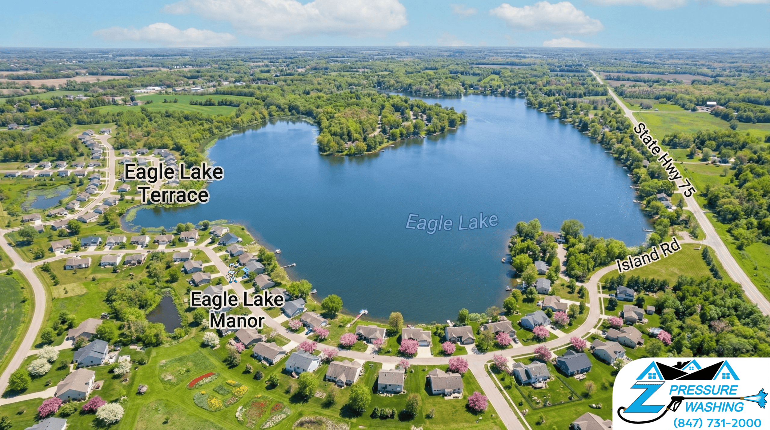 Z Pressure Washing avatar roof washing home in Eagle Lake Terrace, WI. Spring flowers and trees. Sunny day.