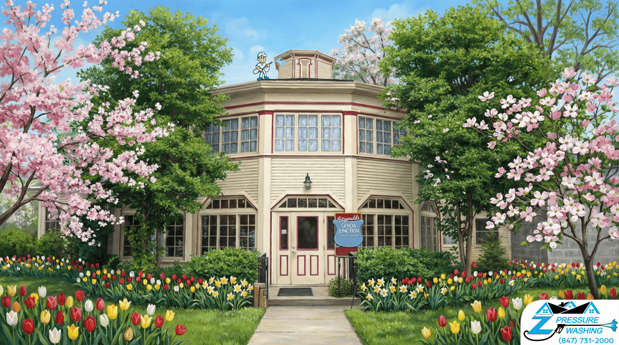 Z Pressure Washing avatar soft washing building at Fitzgeralds Genoa Junction, Genoa City, WI. Spring flowers and trees.