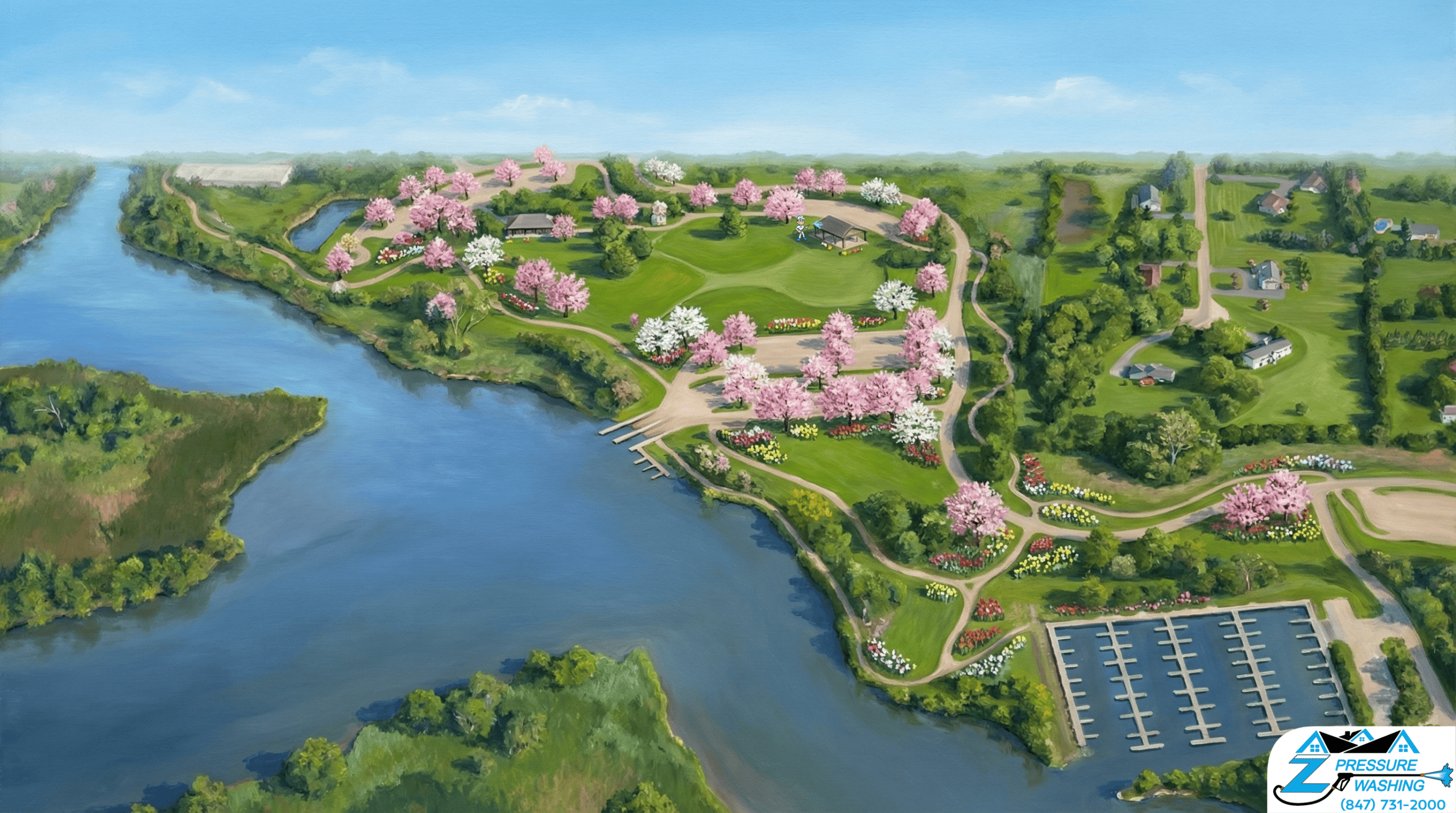 Z Pressure Washing avatar roof washing pavilion at Fox River Marina Port Barrington, IL. Spring flowers and trees.