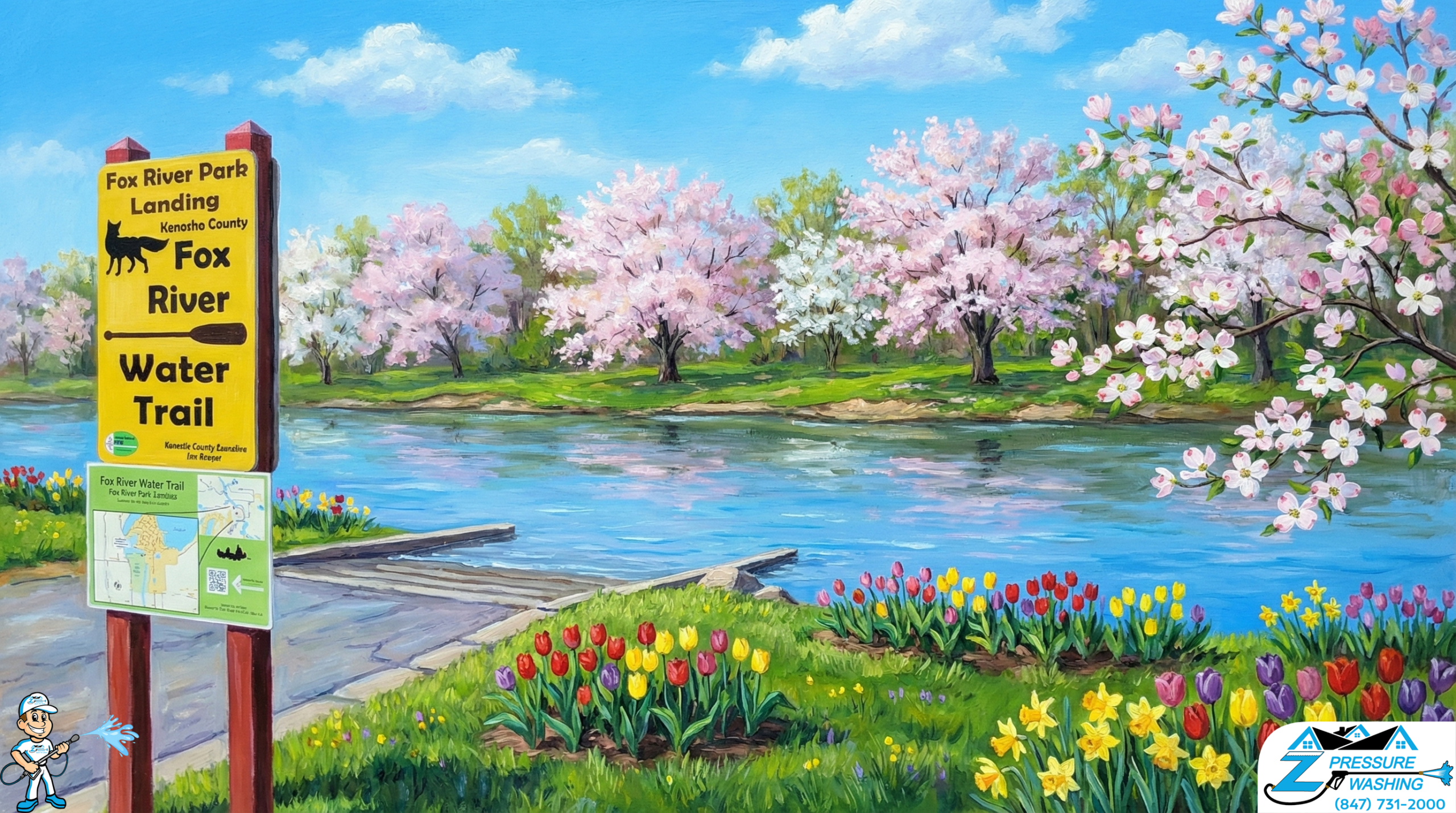 Z Pressure Washing avatar soft washing sign at Fox River Park, Wheatland, WI. Spring flowers and trees. Sunny day.