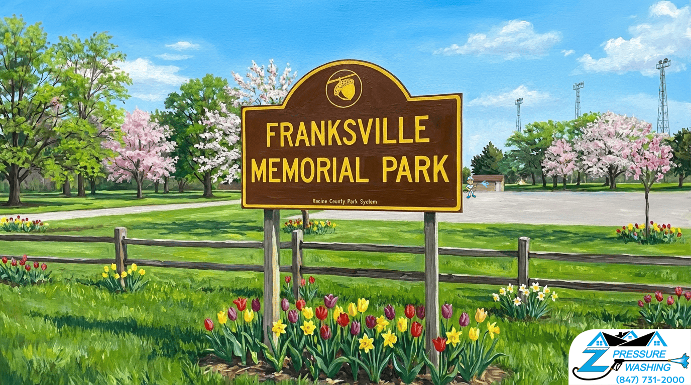 Z Pressure Washing avatar house washing near Franksville Memorial Park, Franksville, WI. Spring flowers and trees. Sunny.