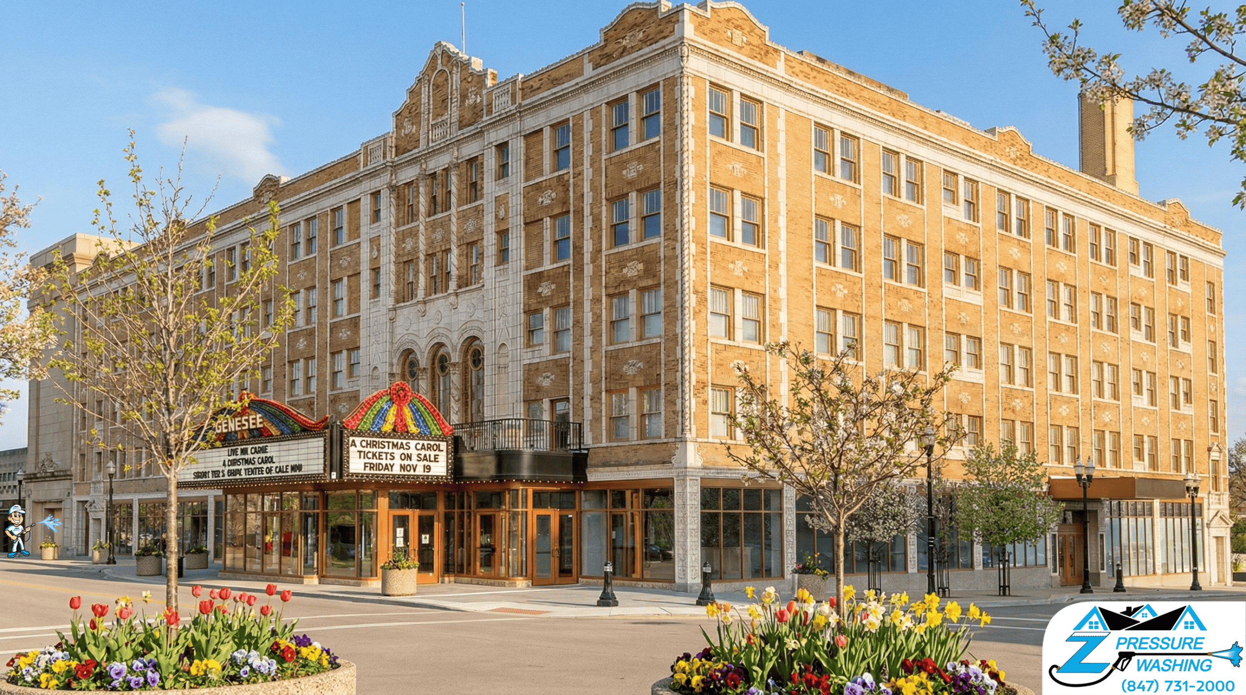 Z Pressure Washing avatar commercial soft washing at Genesee Theatre, Waukegan, IL. Spring flowers and trees.