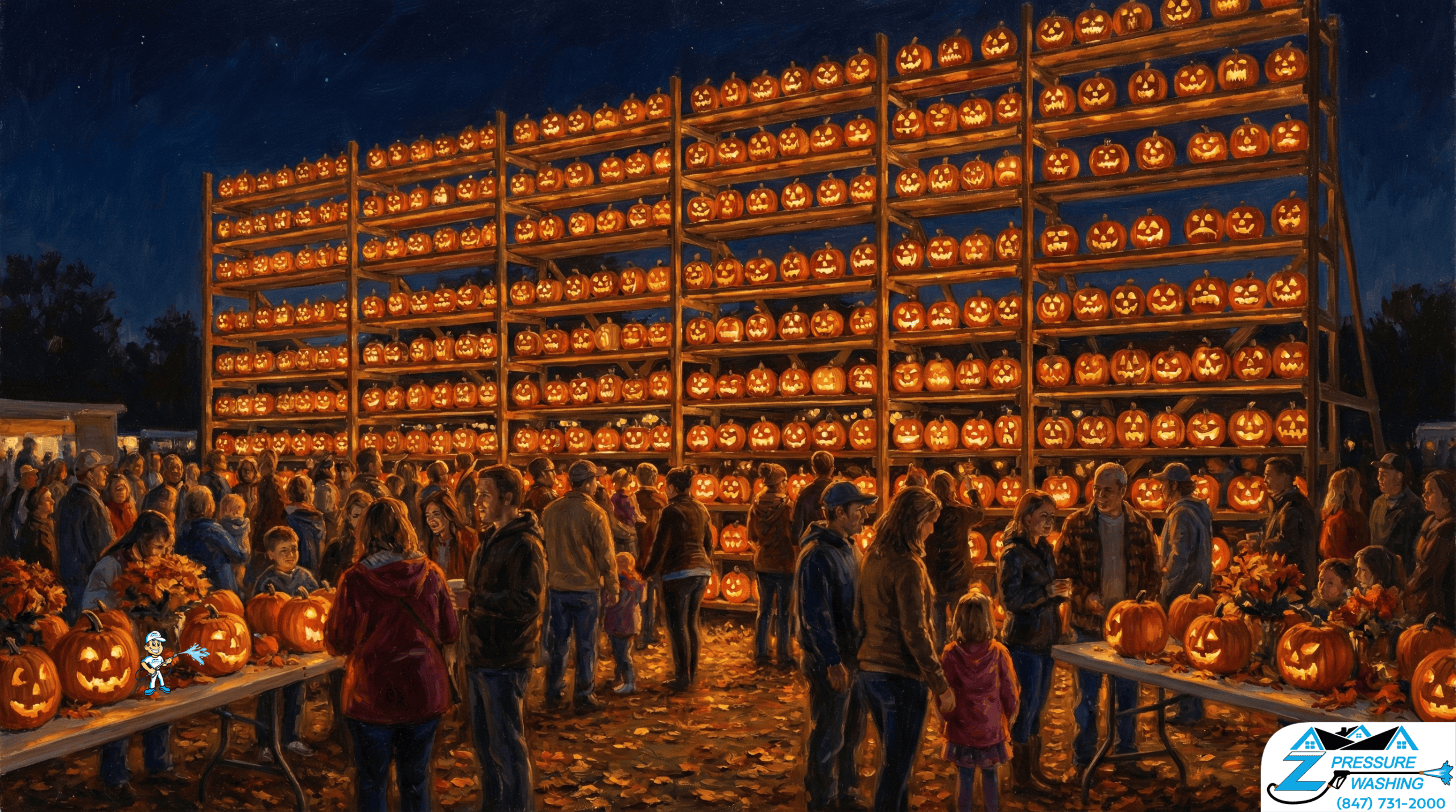 Z Pressure Washing avatar soft washing pumpkin at the Great-Highwood-Pumpkin-Festival-Highwood-IL. Many lighted pumpkins.