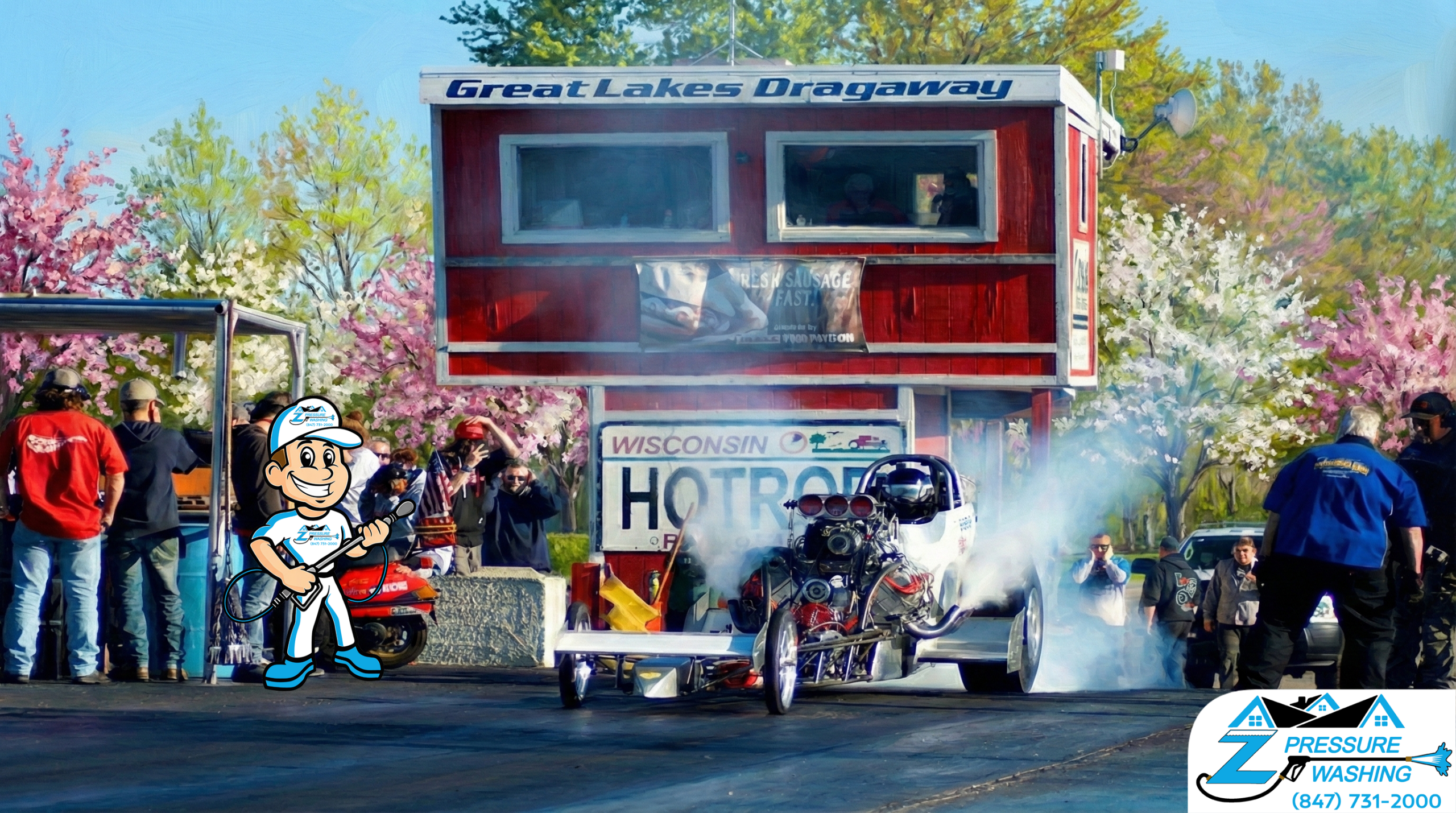 Z Pressure Washing avatar posing on the starting line at the Great Lakes Dragaway, Union Grove, WI. Spring flowering trees.