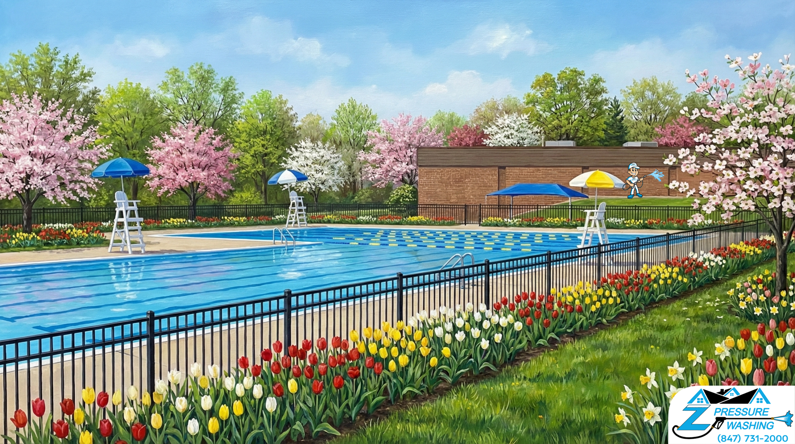 Z Pressure Washing avatar soft washing building at Harts Woods Park, Round Lake, IL. Spring flowers and trees. Sunshine.