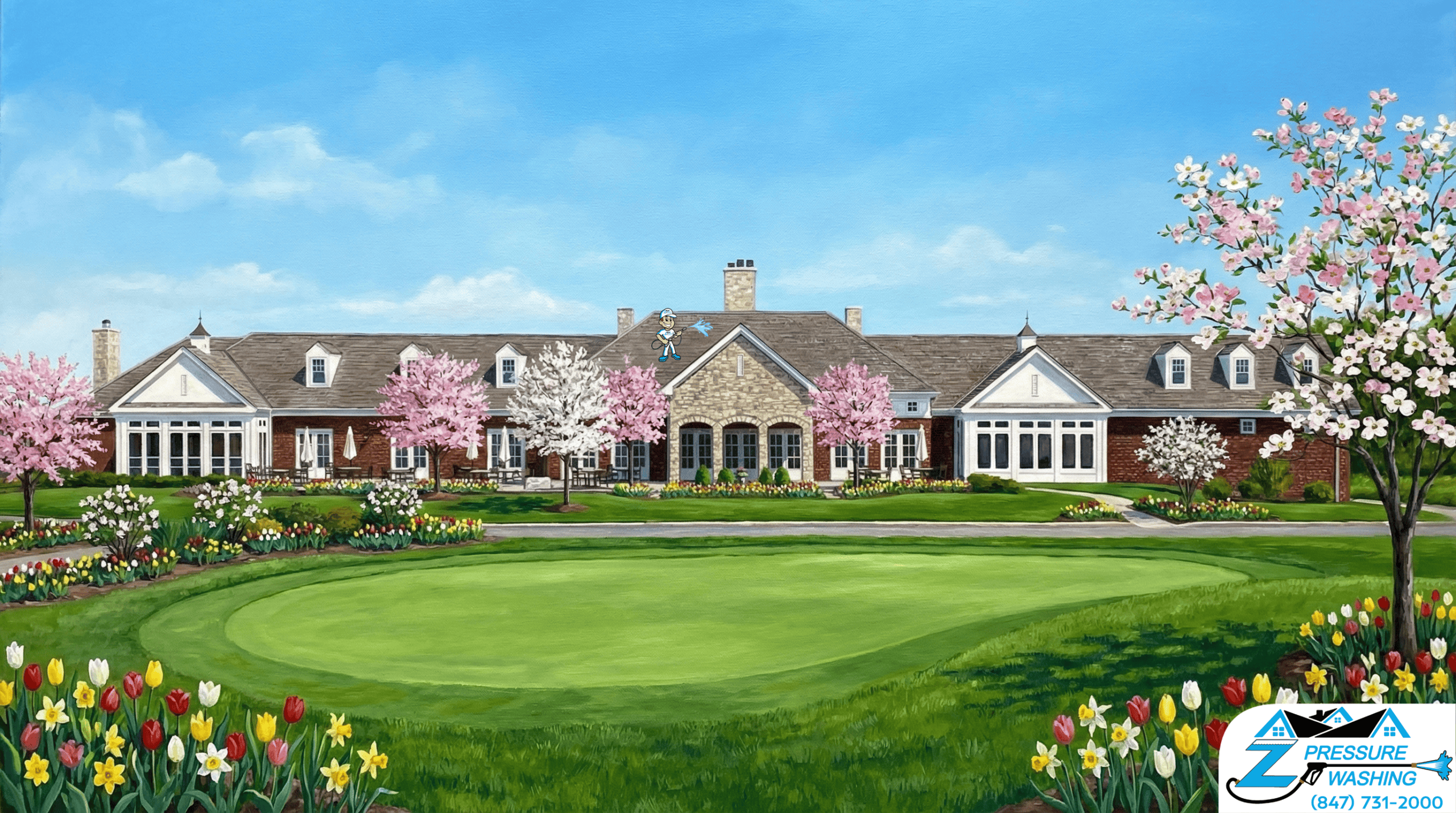 Z Pressure Washing avatar roof washing at Hawthorn Woods Country Club Hawthorn Woods, IL. Spring flowers and trees.