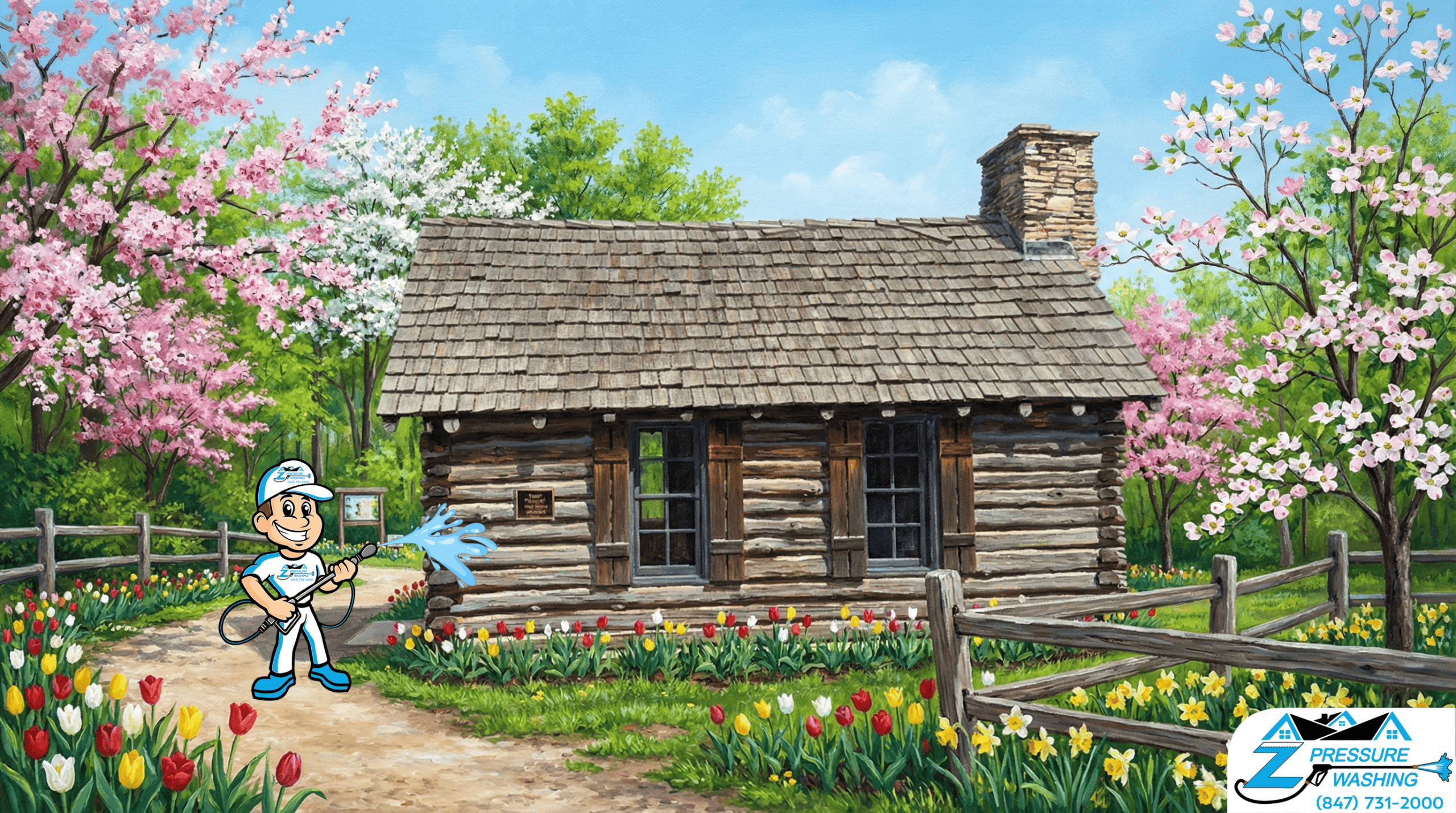 Z Pressure Washing avatar house washing building at Heller Nature Center Moraine, Township, IL. Spring flowers and trees.