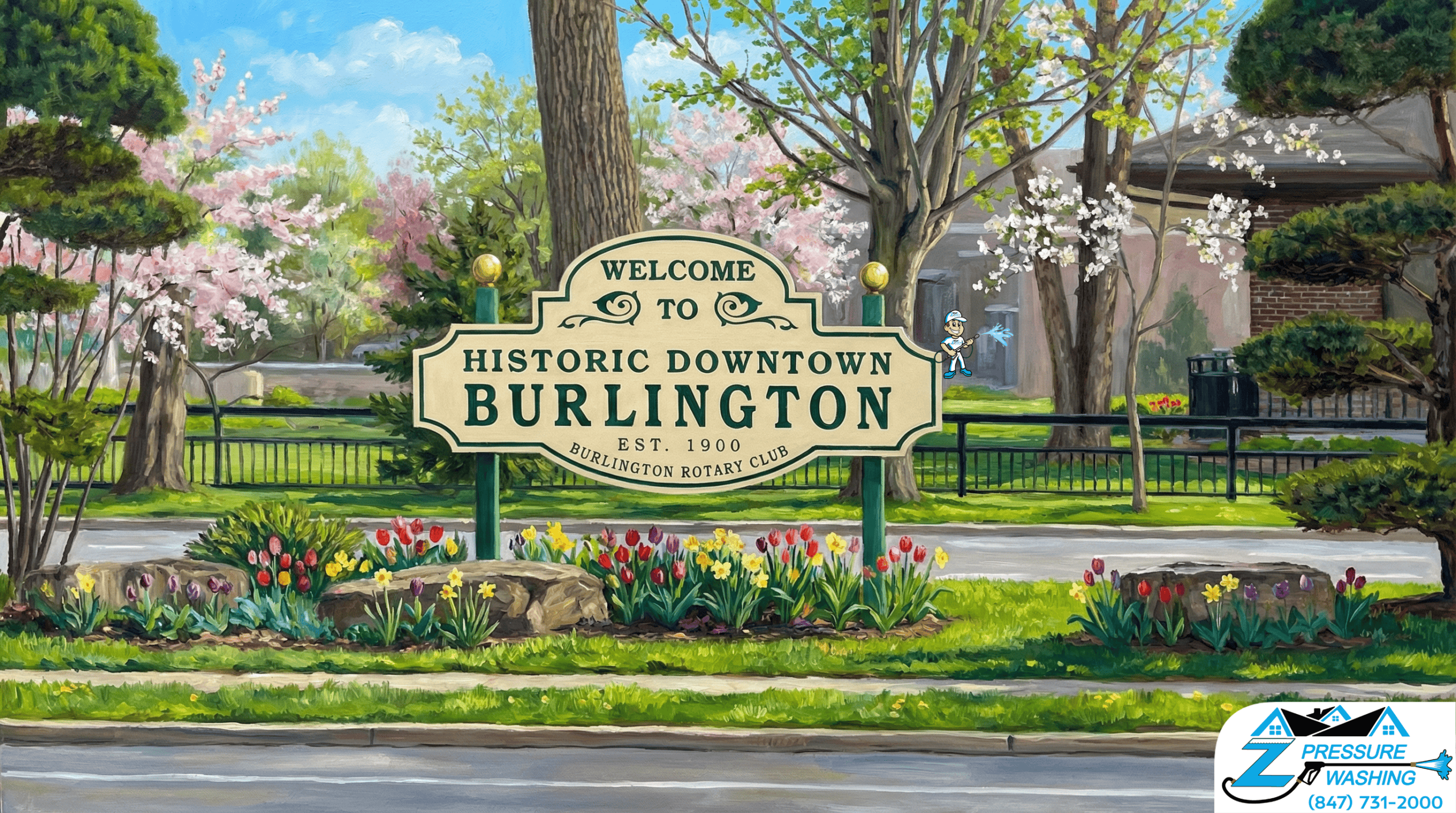 Z Pressure Washing avatar house washing in Historic Downtown, Burlington, WI. Spring flowers and trees. Sunny day.