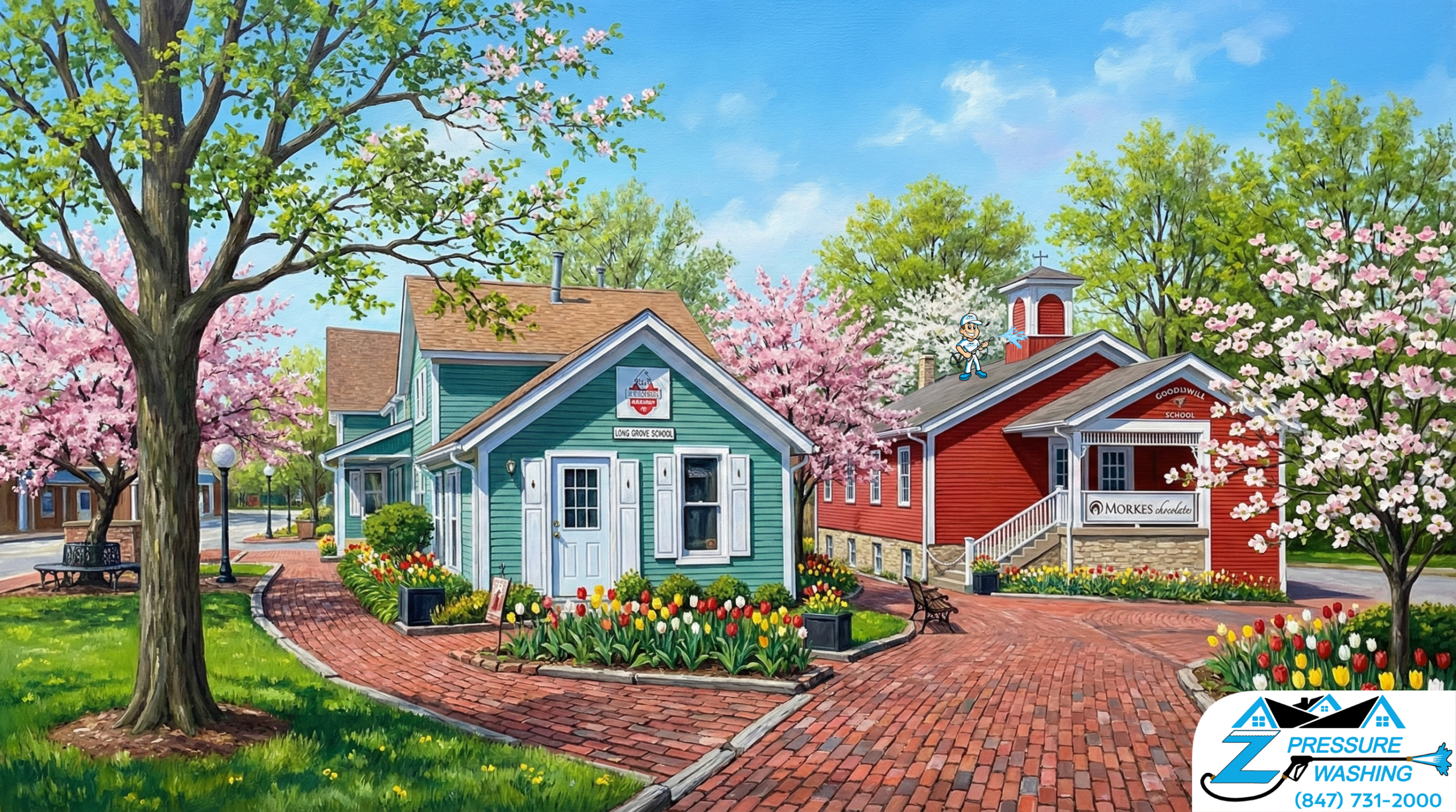 Z Pressure Washing avatar roof washing Morkes at Historic Downtown Crossroads, Long Grove, IL. Spring flowers and trees.