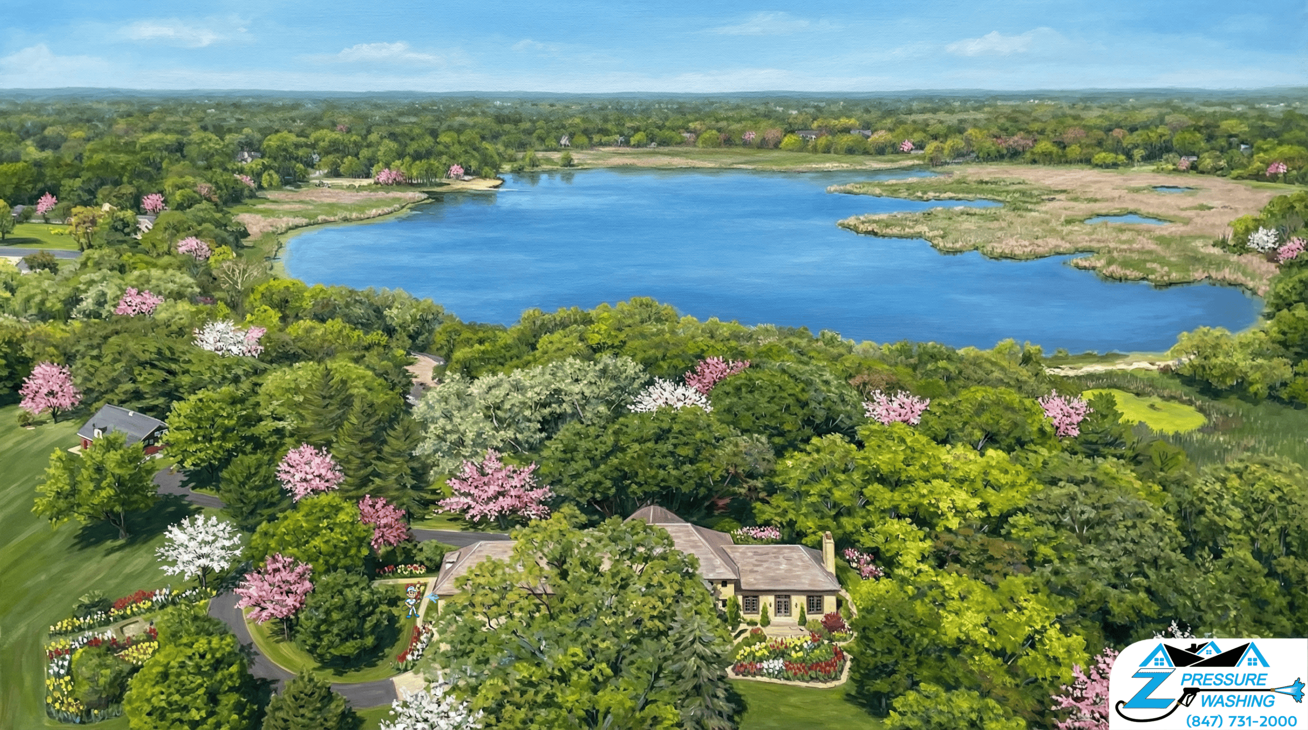 Z Pressure Washing avatar house washing by Honey Lake, North Barrington, IL. Spring flowers and trees. Lake in background