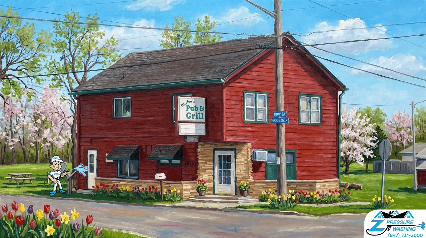 Z Pressure Washing avatar house washing the Husher Pub Grill, Husher, WI. Spring flowers and trees. Sunny day.