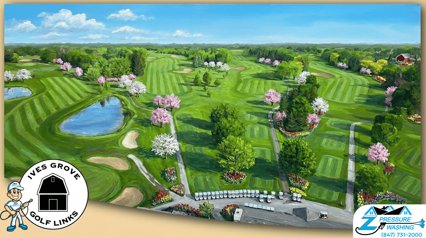 Z Pressure Washing avatar posing by the Ives Grove Golf Links, Ives Grove, WI. Spring flowers and trees. Sunny day.