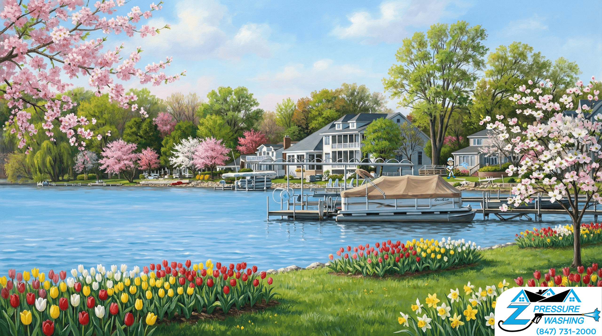 Z Pressure Washing avatar house washing at the Knolls Neighborhood, Powers Lake, WI. Spring flowers and trees. Sunny day.