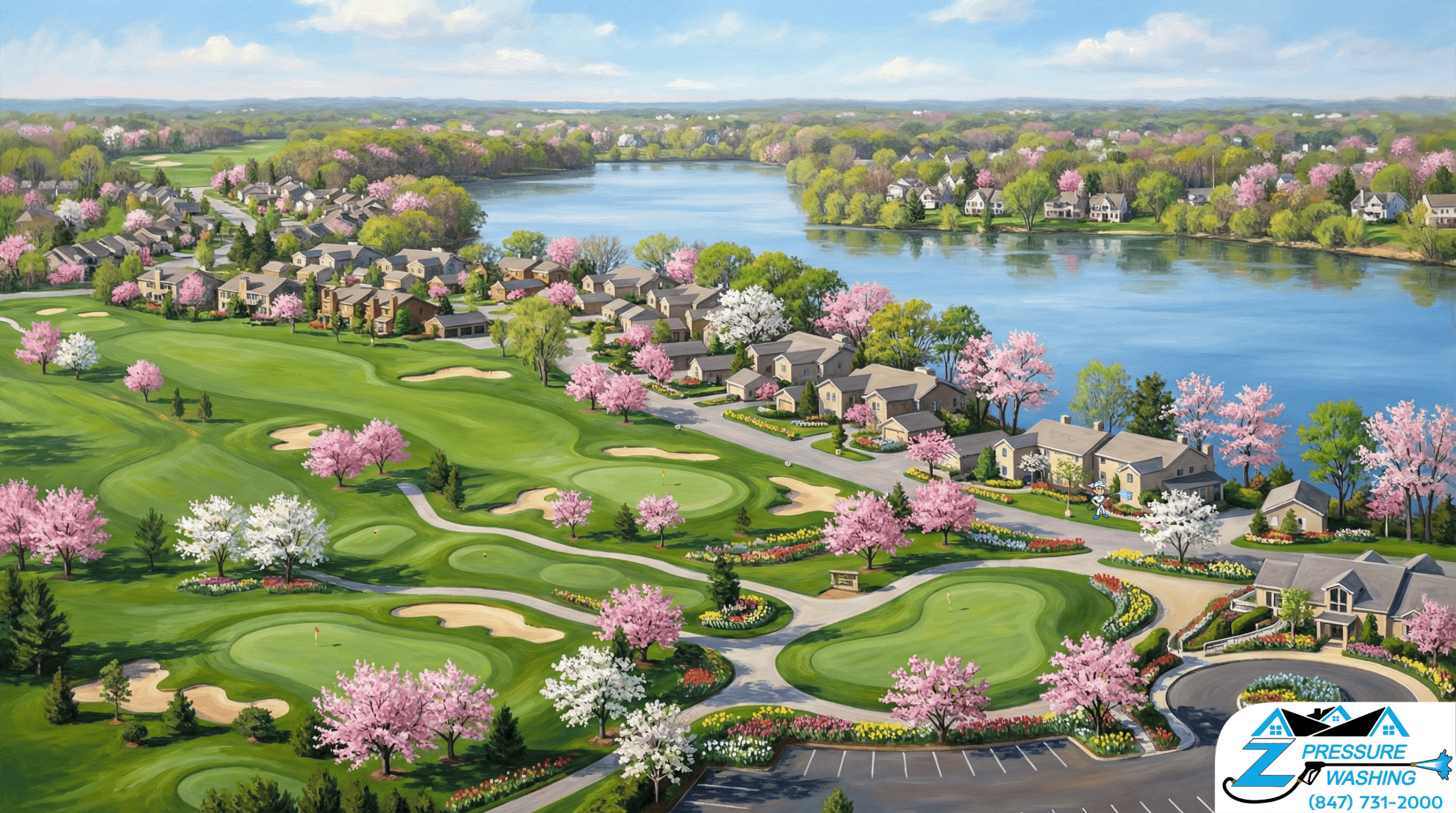 Z Pressure Washing avatar house washing at the Lake Barrington Shores Golf Course Lake Barrington, IL. Spring flowers.