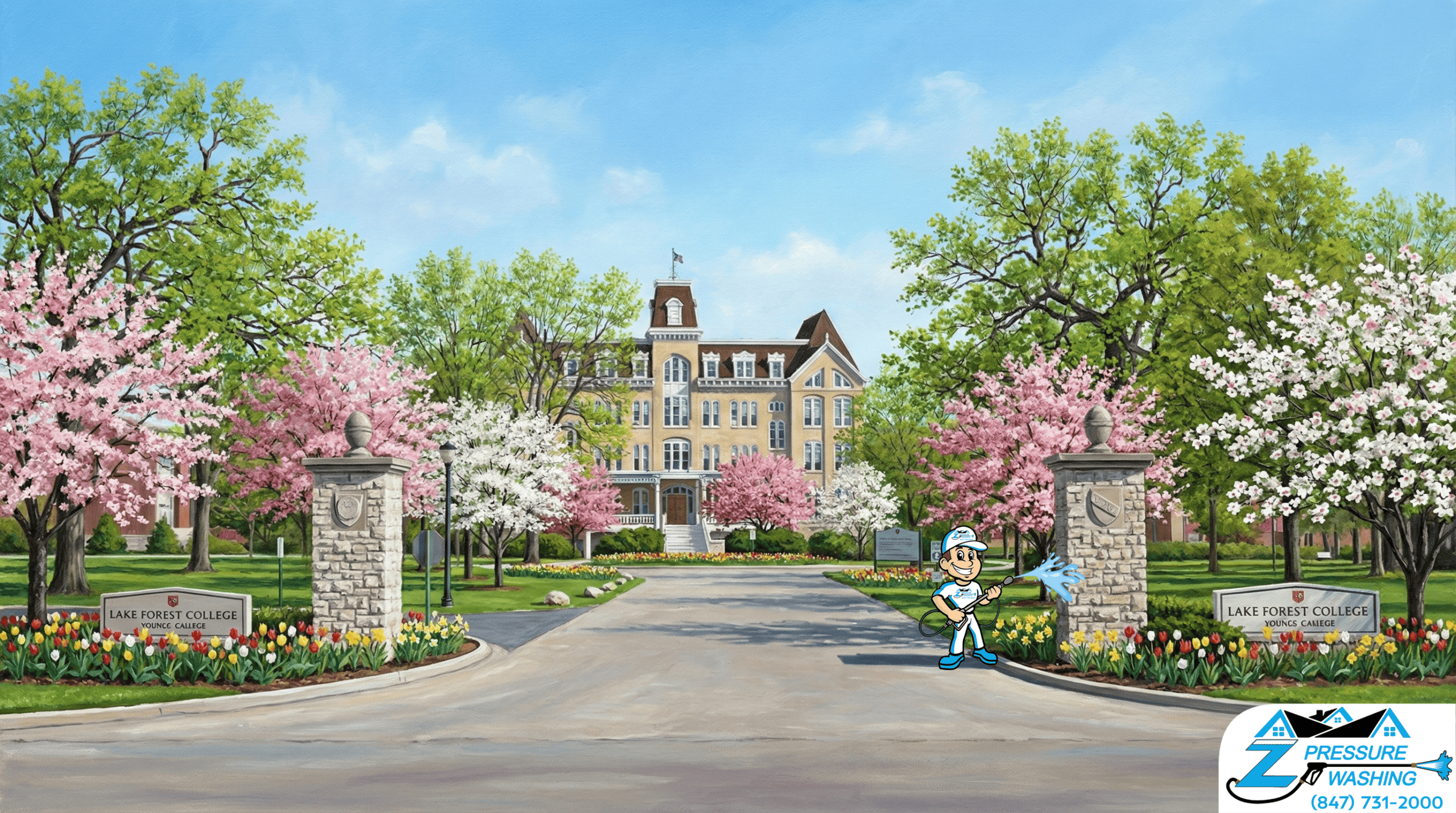 Z Pressure Washing avatar soft washing at the Lake Forest College Lake Forest, IL. Spring flowers and trees.