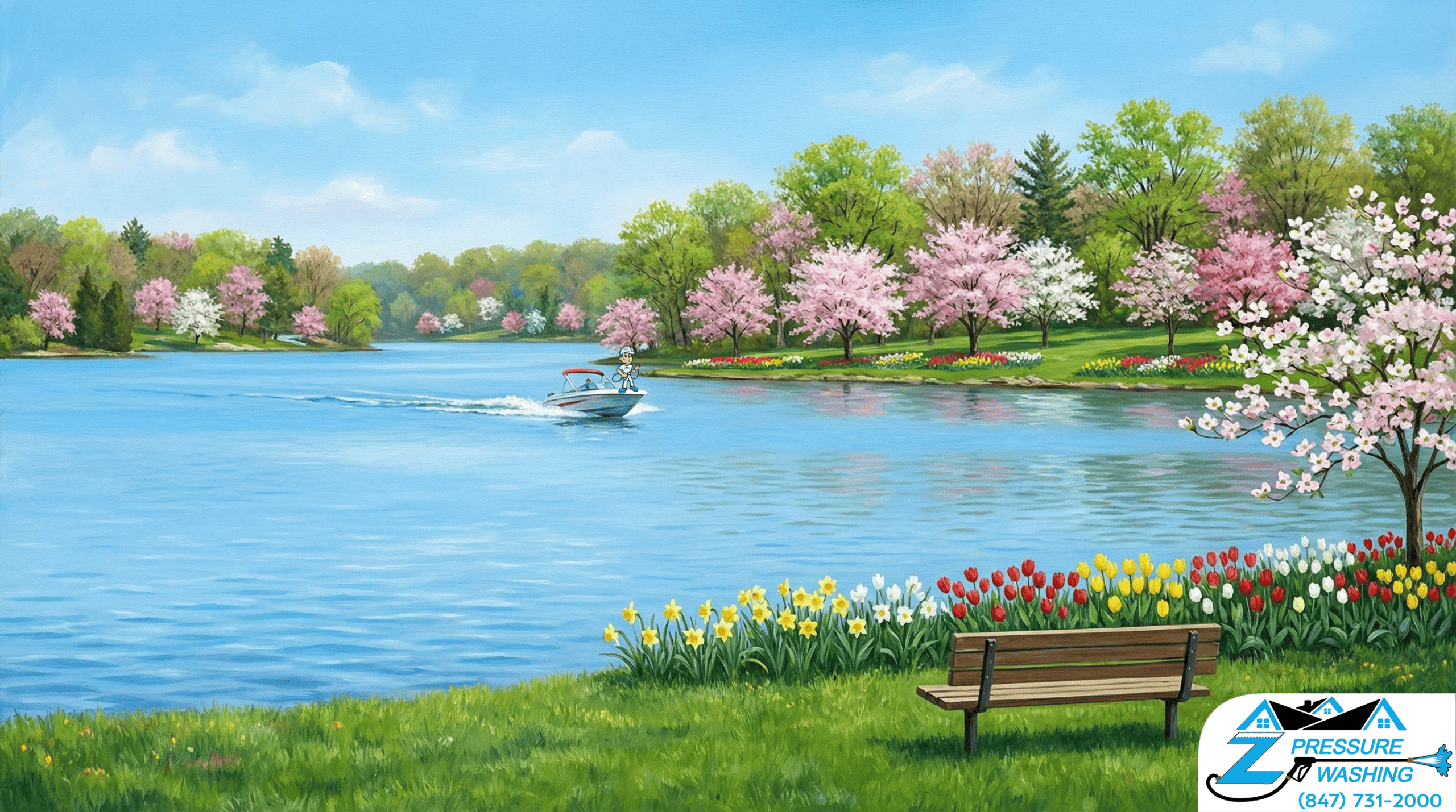 Z Pressure Washing avatar posing on a boat on Lake Shangrila, WI. Spring flowers and trees. Sunshine day.