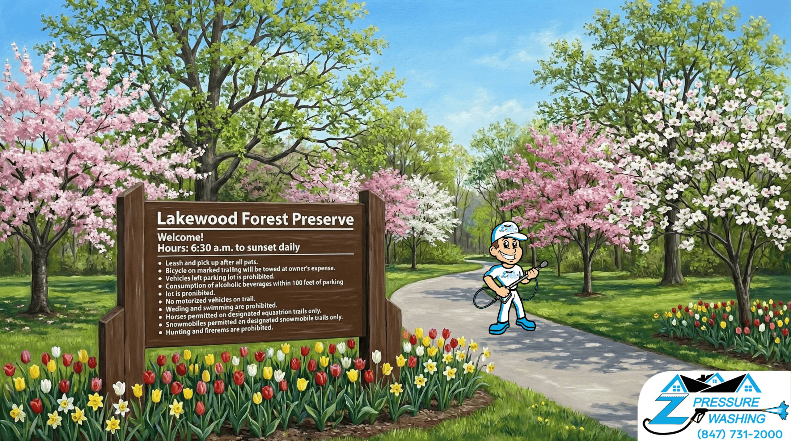 Z Pressure Washing avatar posing before wash at Lakewood Forest Preserve, Wauconda Township, IL. Spring flowers and trees.